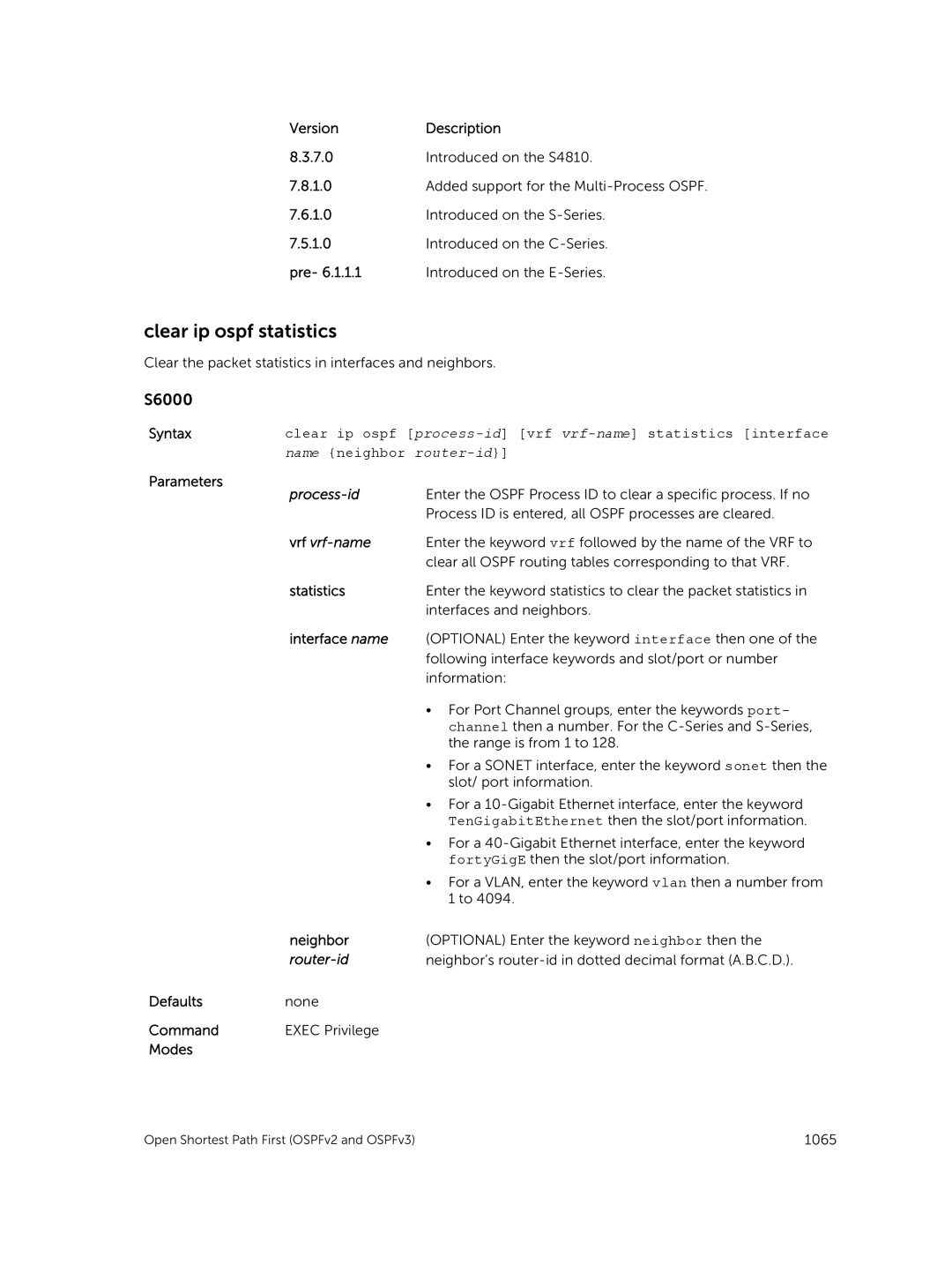 Dell 9.7(0.0) manual Clear ip ospf statistics, Clear ip ospf process-id vrf vrf-name statistics interface, Router-id 