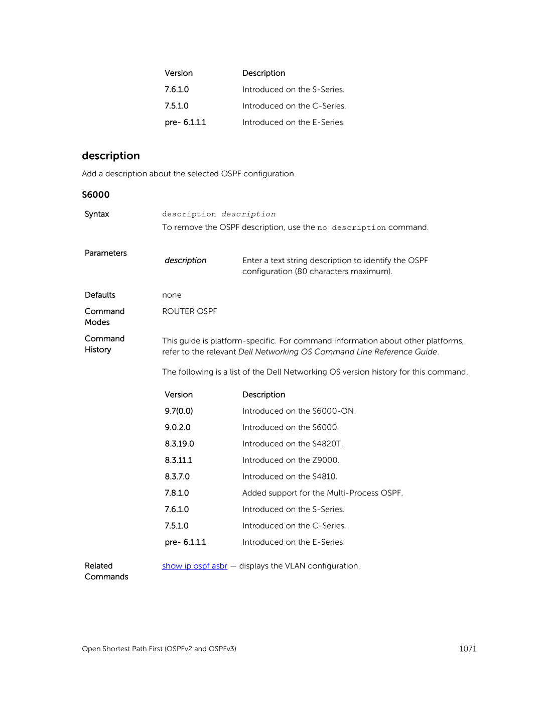 Dell 9.7(0.0) manual Add a description about the selected Ospf configuration 