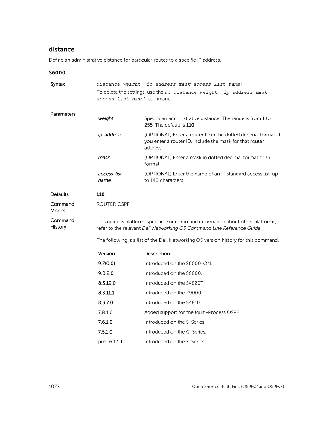 Dell 9.7(0.0) manual Distance, Syntaxdistance weight ip-address mask access-list-name 