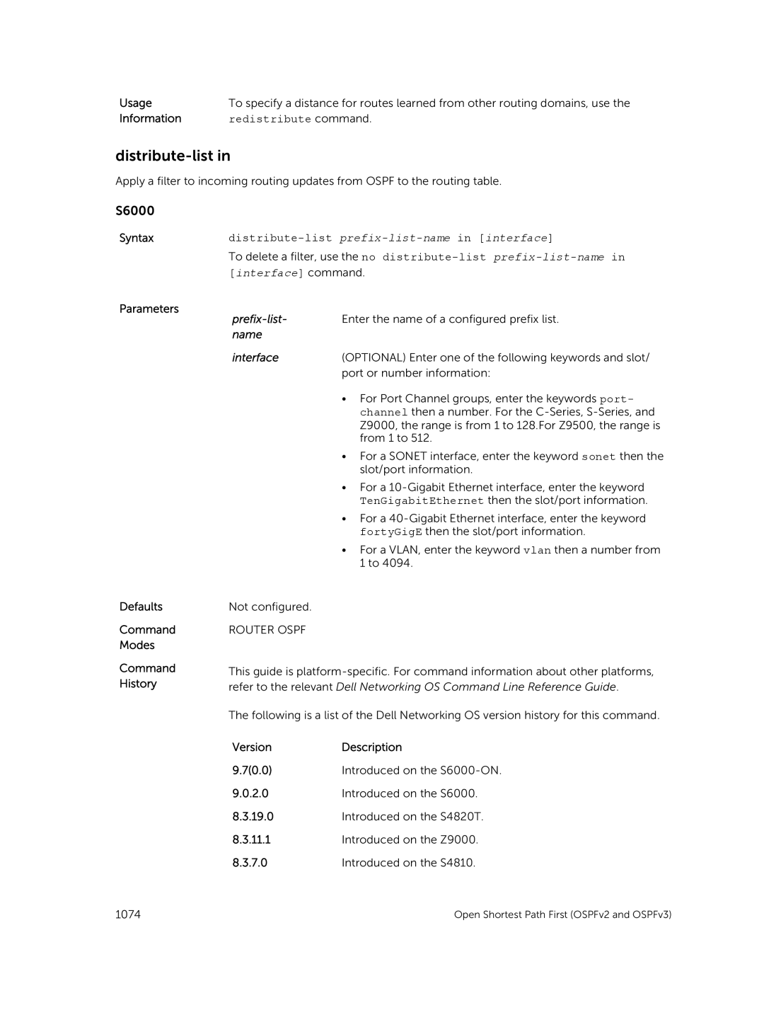 Dell 9.7(0.0) manual Distribute-list, Redistribute command, Parameters Enter the name of a configured prefix list 