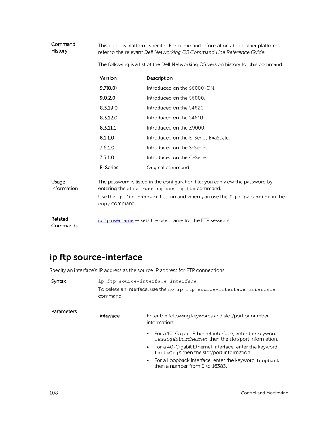 Dell 9.7(0.0) manual Ip ftp source-interface, Command History Usage Information Related Commands, Interface 