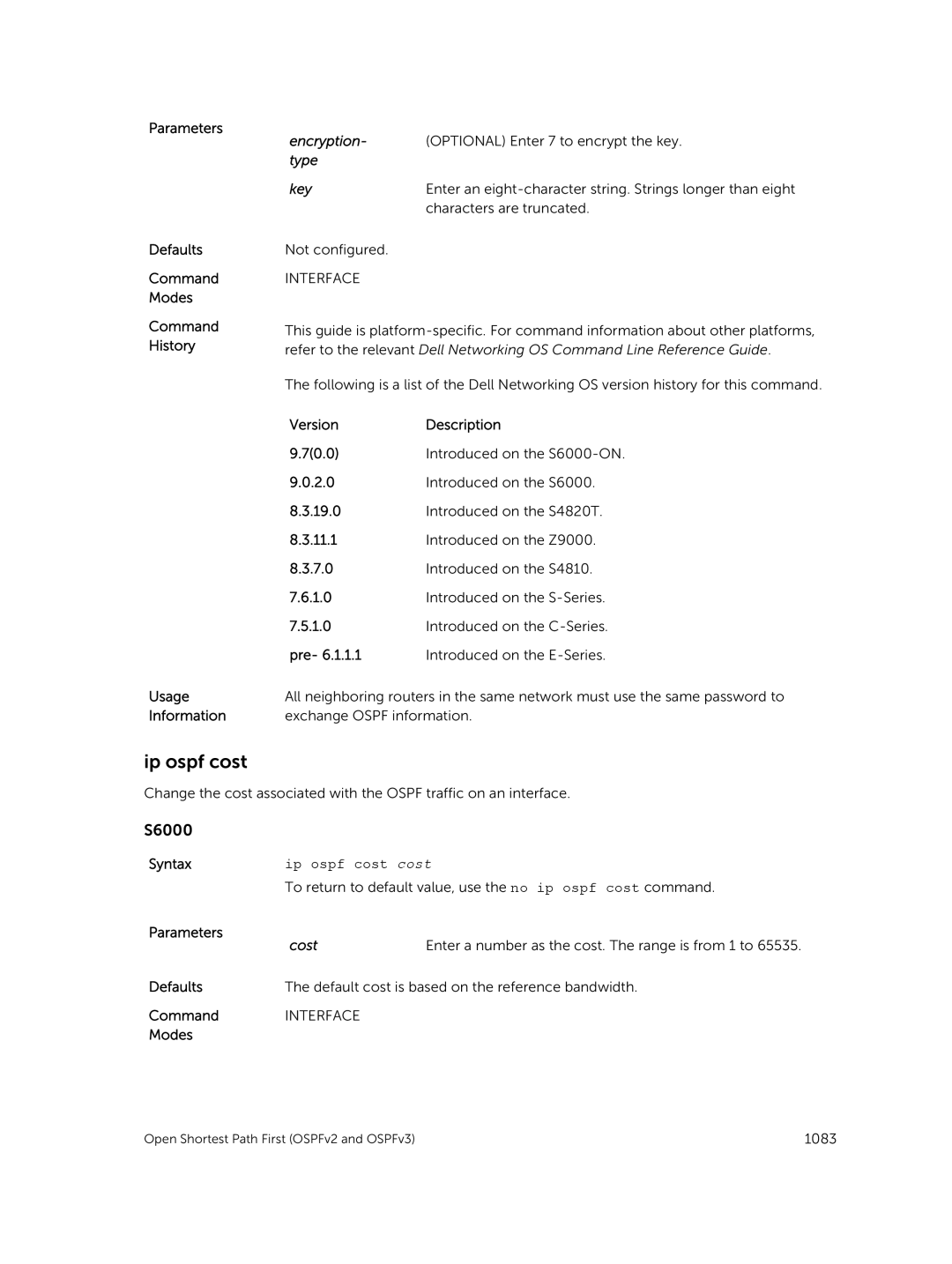 Dell 9.7(0.0) manual Type Key, Ip ospf cost cost, To return to default value, use the no ip ospf cost command 