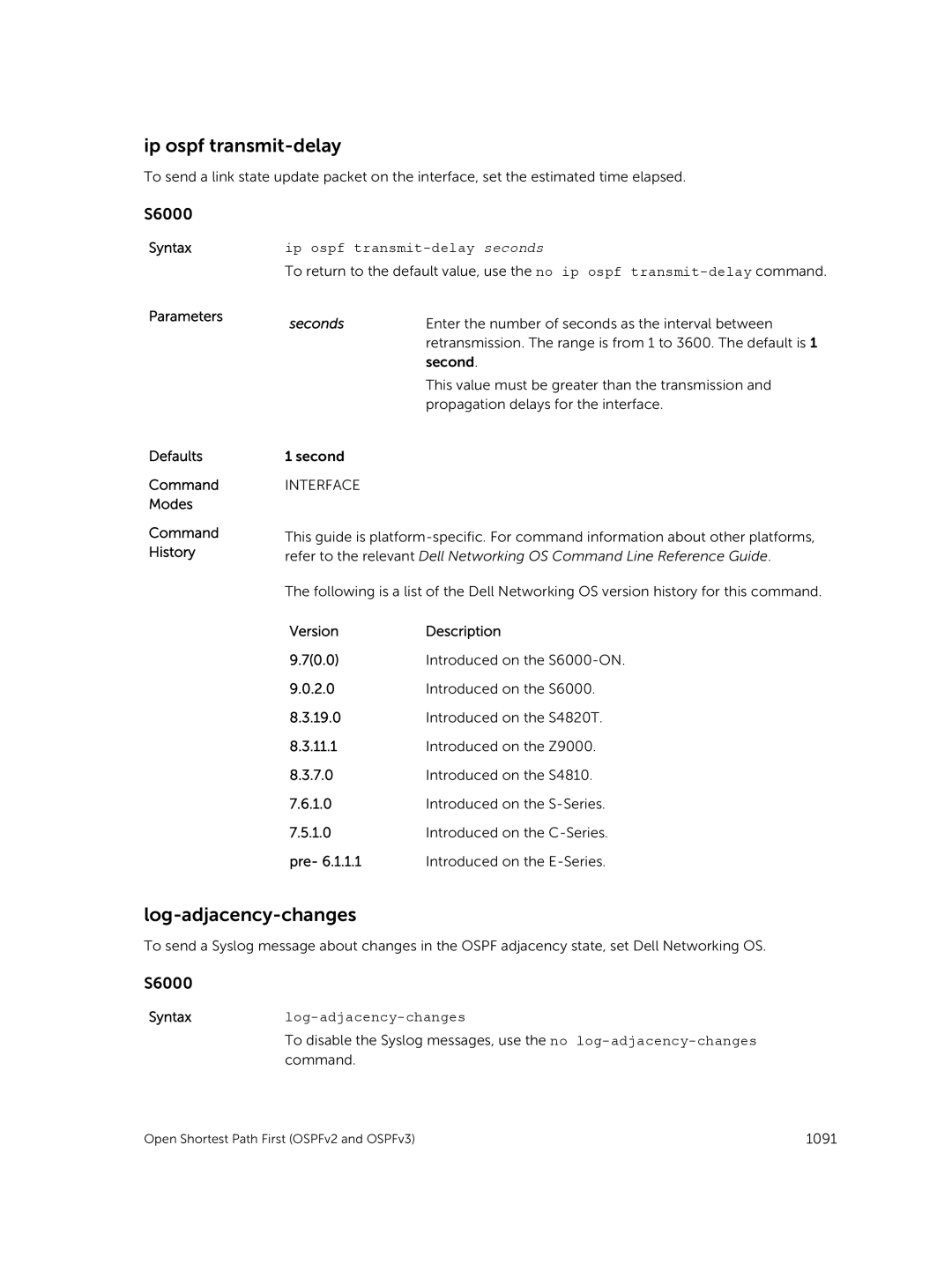 Dell 9.7(0.0) manual Log-adjacency-changes, Ip ospf transmit-delay seconds, Syntaxlog-adjacency-changes 