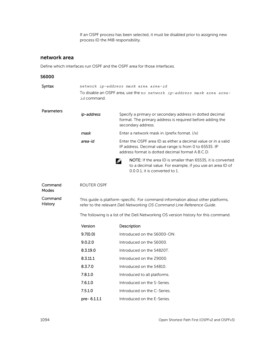 Dell 9.7(0.0) manual Network area, Parameters Command Modes Command History 