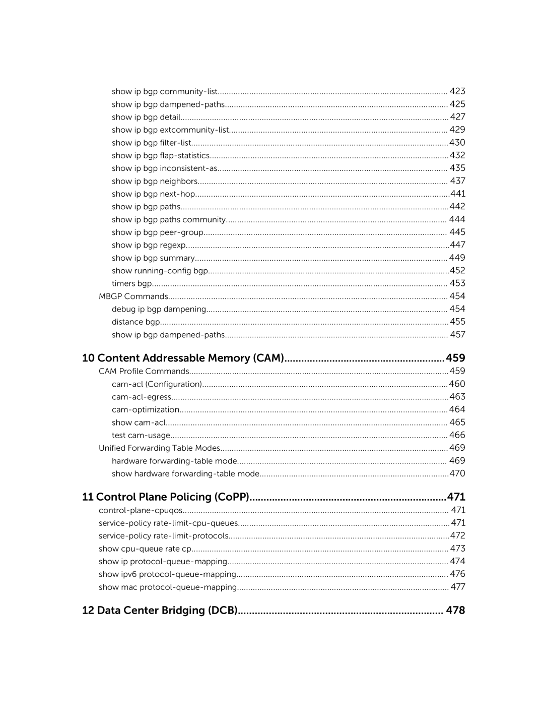 Dell 9.7(0.0) manual Content Addressable Memory CAM 459, Control Plane Policing CoPP 471, Data Center Bridging DCB 478 