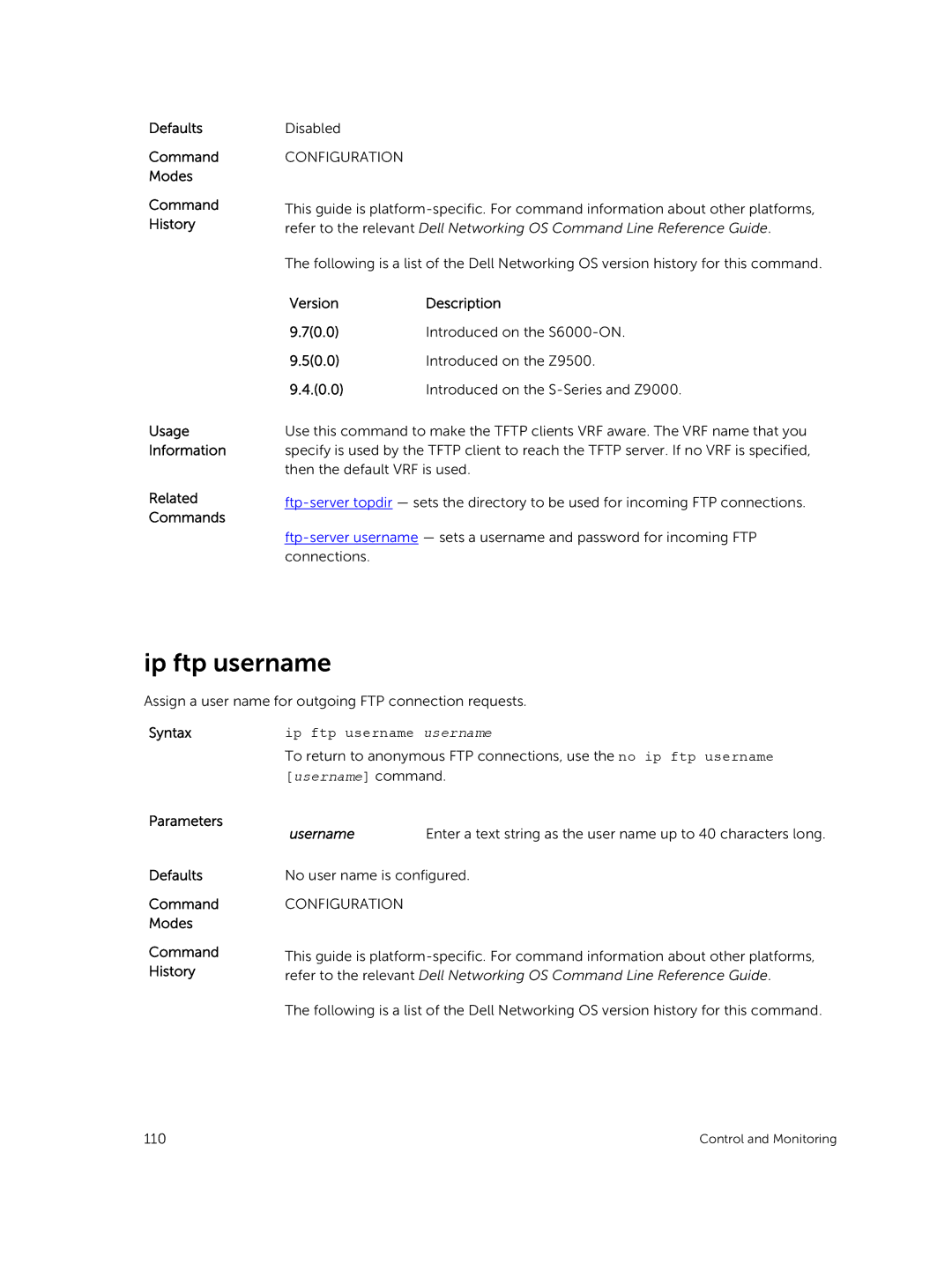 Dell 9.7(0.0) manual Ip ftp username username, Parameters Defaults Command Modes Command History 