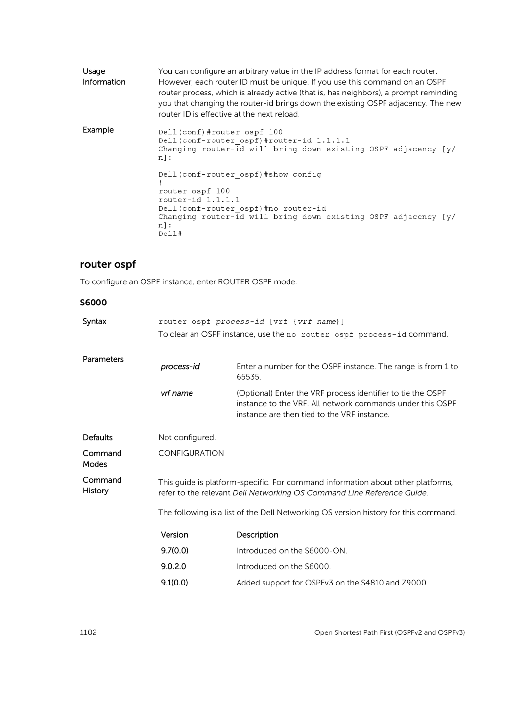 Dell 9.7(0.0) manual Router ospf process-idvrf vrf name, Vrf name, Added support for OSPFv3 on the S4810 and Z9000 