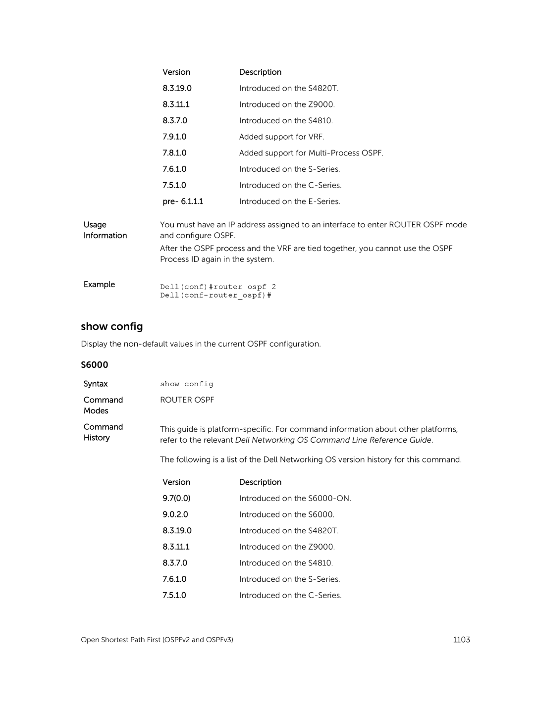 Dell 9.7(0.0) manual Usage Information Example VersionDescription, Dellconf#router ospf Dellconf-routerospf# 