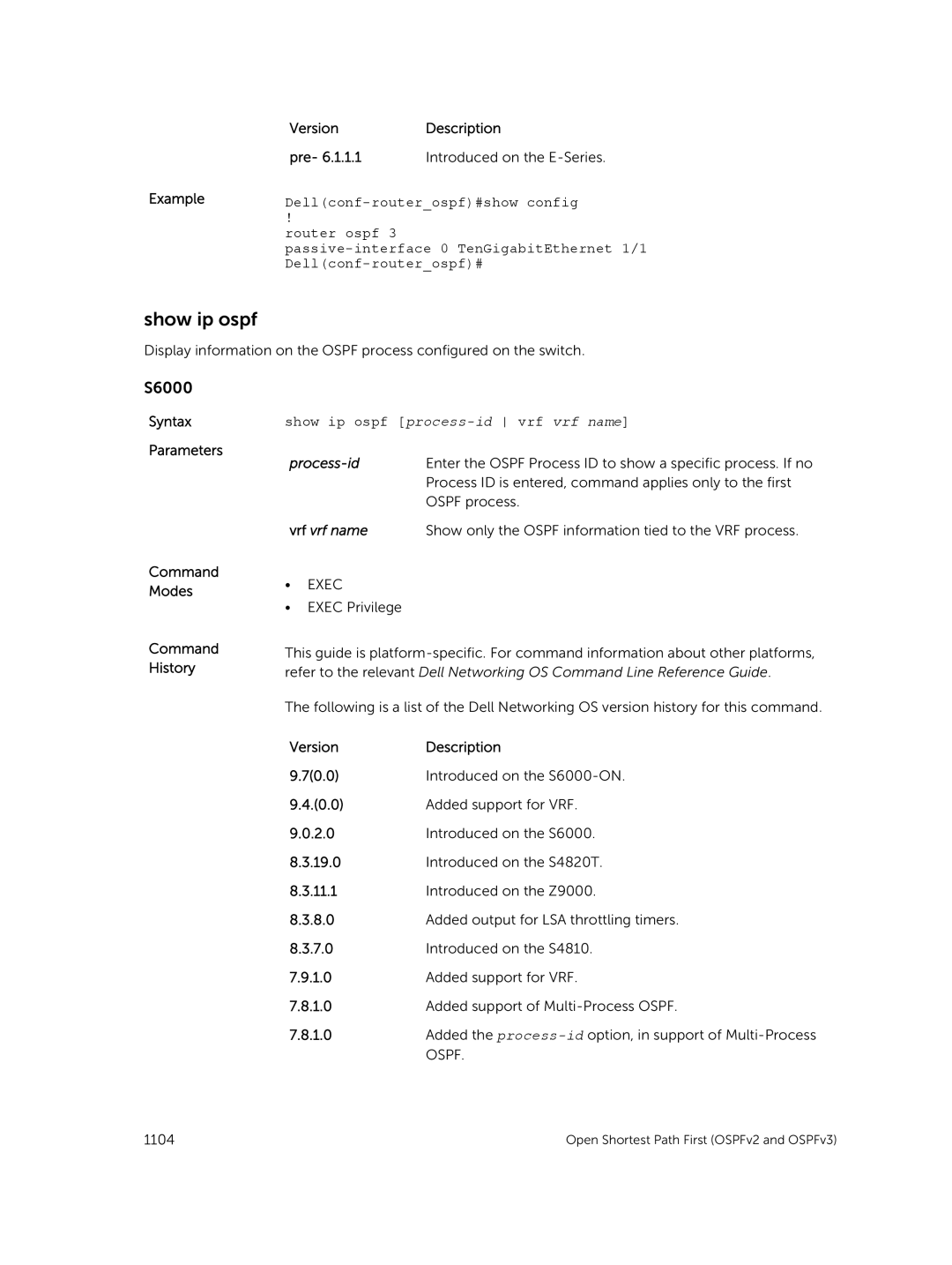 Dell 9.7(0.0) Show ip ospf, Version Description Pre Introduced on the E-Series Example, Dellconf-routerospf#show config 