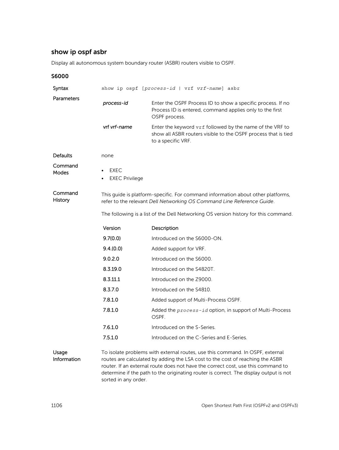 Dell 9.7(0.0) manual Show ip ospf asbr, Show ip ospf process-id vrf vrf-name asbr 