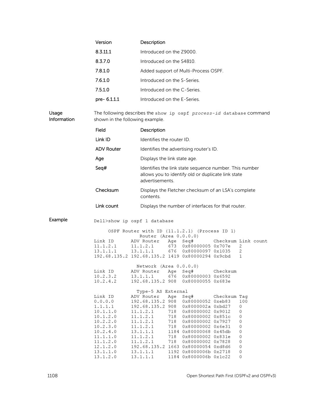 Dell 9.7(0.0) manual Field Description Link ID, ADV Router, Age, Seq#, Link count 