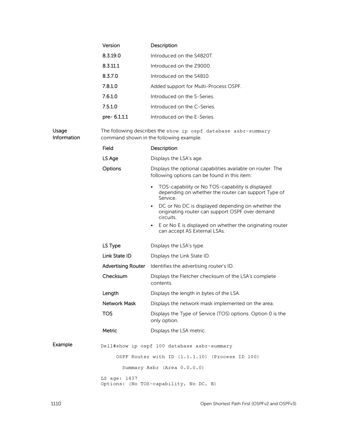 Dell 9.7(0.0) manual Field Description LS Age, LS Type, Link State ID, Advertising Router, Length, Network Mask 