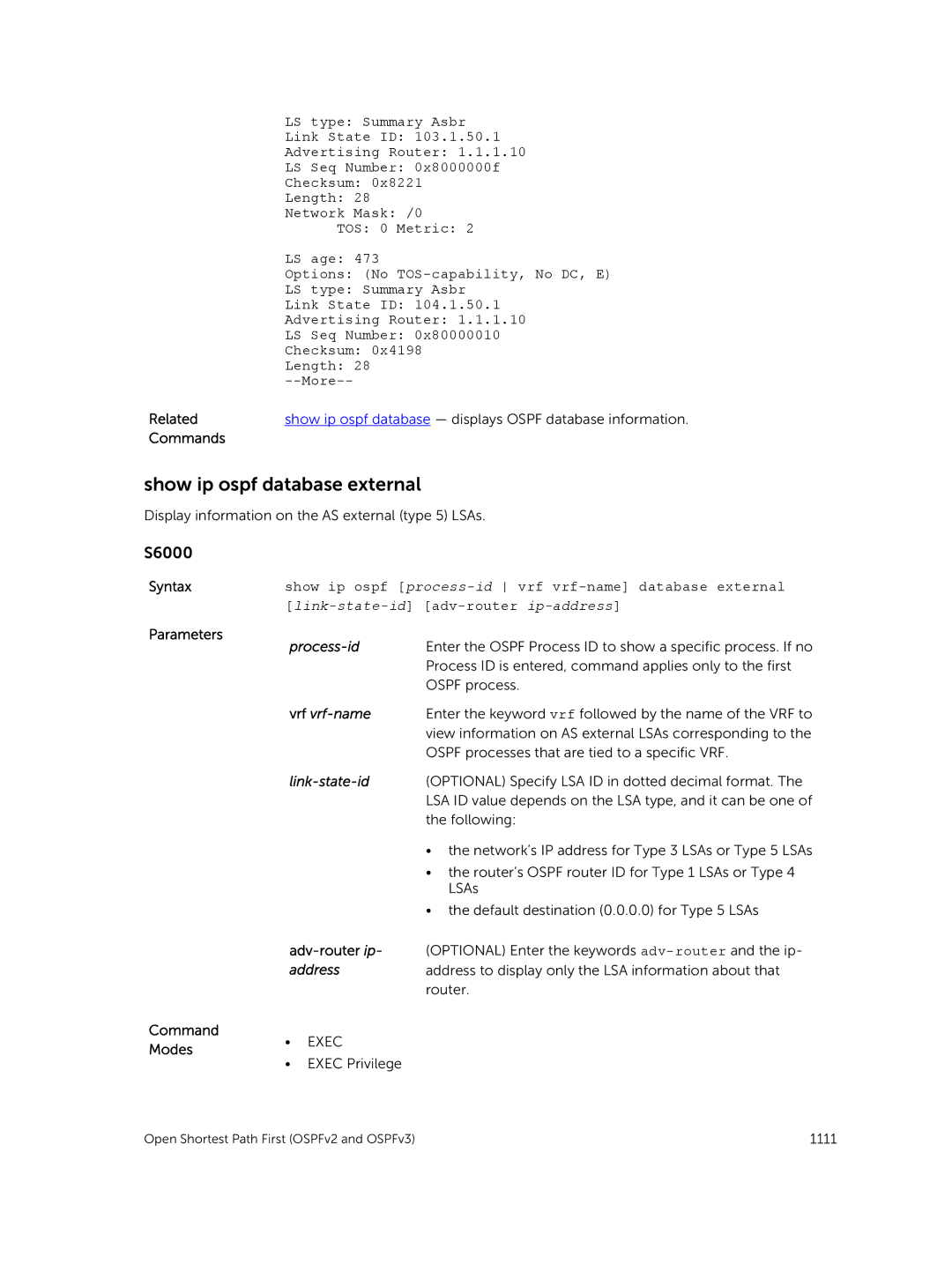 Dell 9.7(0.0) manual Show ip ospf database external, Show ip ospf process-id vrf vrf-name database external 