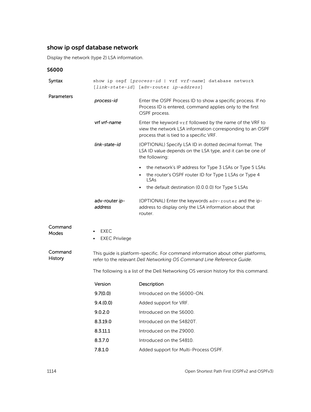 Dell 9.7(0.0) manual Show ip ospf database network, Show ip ospf process-id vrf vrf-name database network 