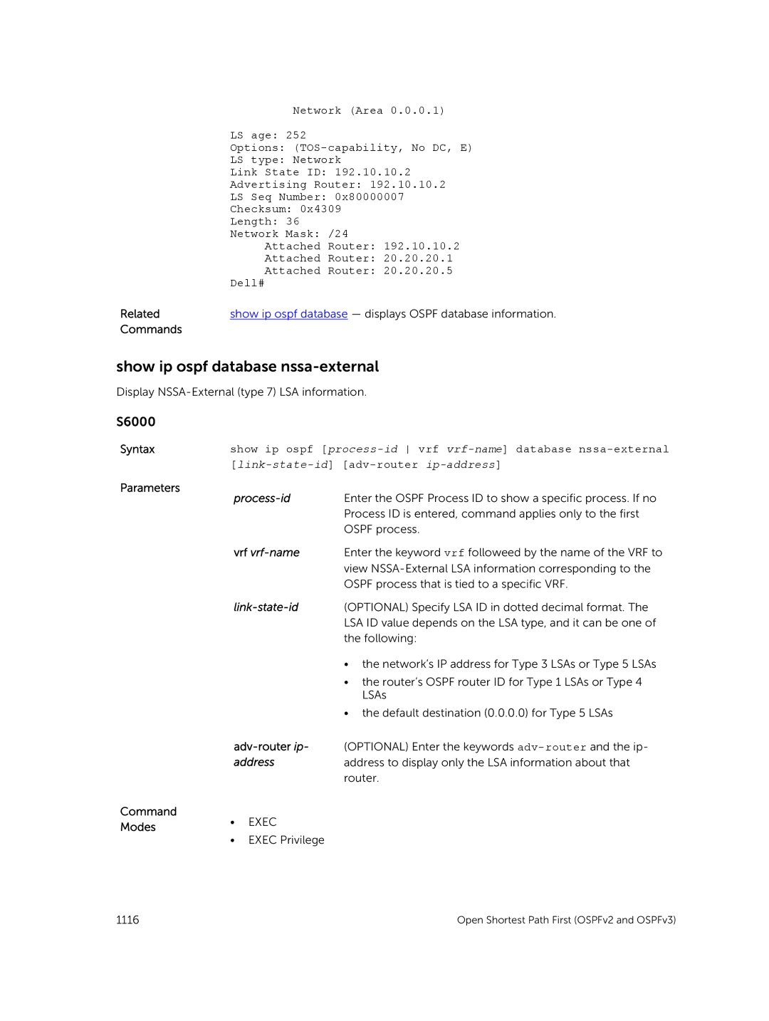 Dell 9.7(0.0) manual Show ip ospf database nssa-external, Options TOS-capability, No DC, E 