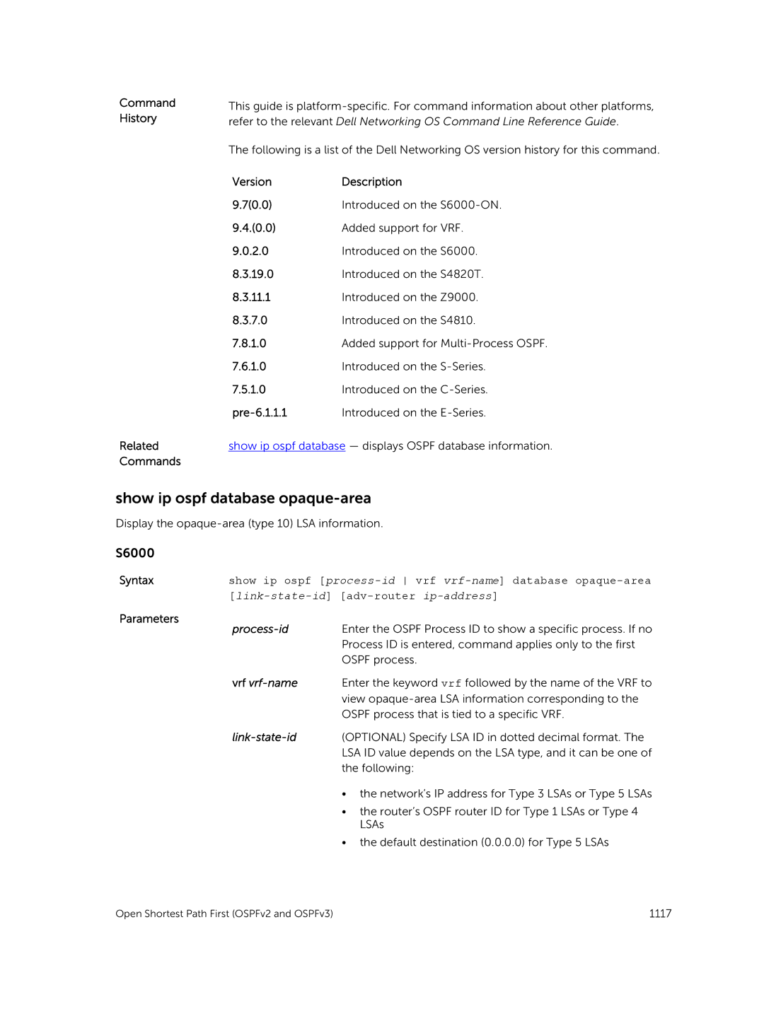 Dell 9.7(0.0) manual Show ip ospf database opaque-area, Command History Related Commands 