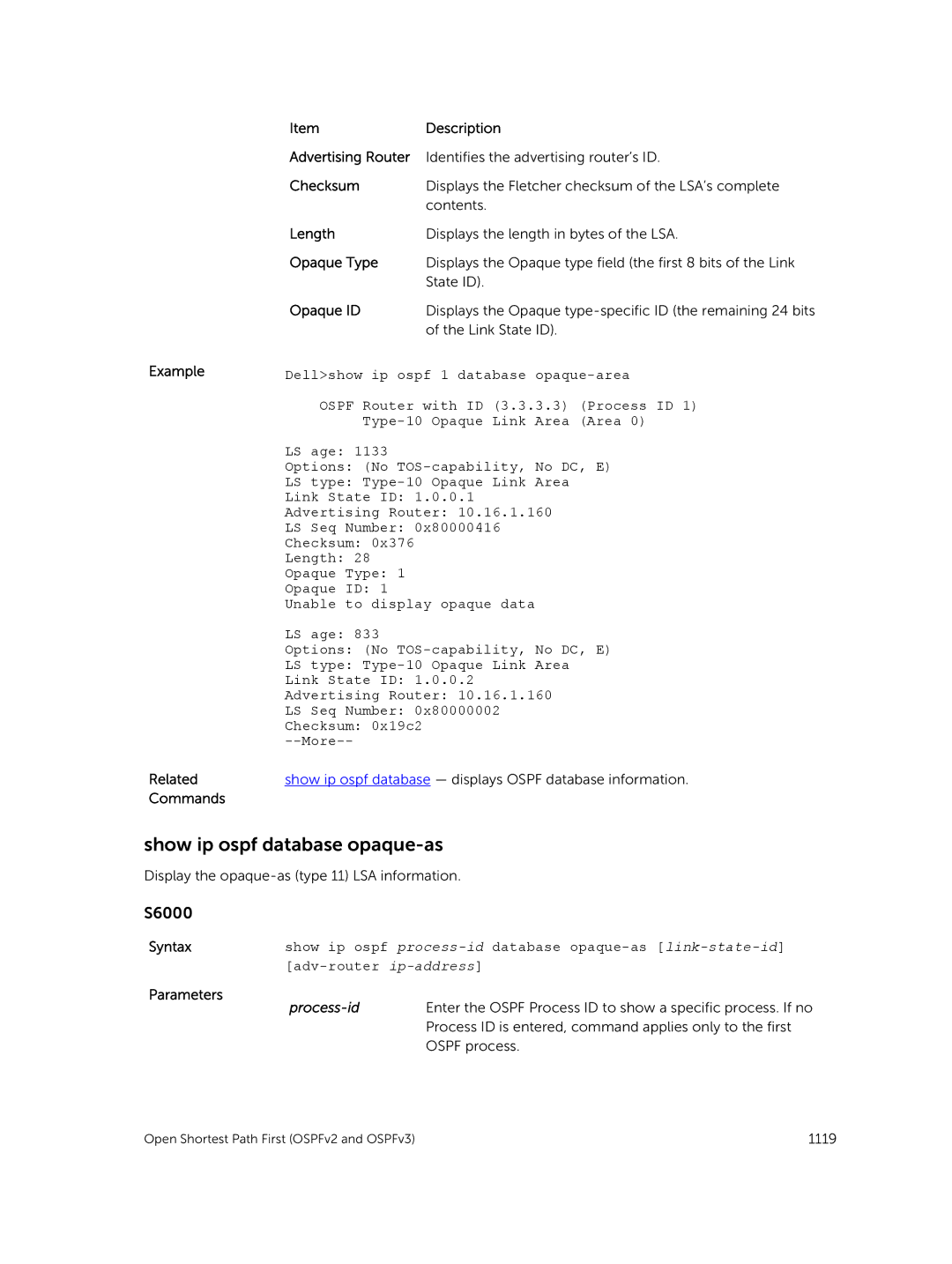 Dell 9.7(0.0) manual Show ip ospf database opaque-as, Example Related Commands Description Advertising Router, Opaque Type 