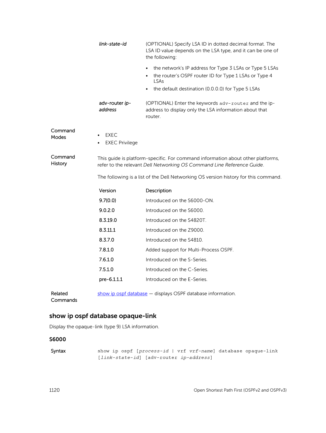 Dell 9.7(0.0) manual Show ip ospf database opaque-link, Command Modes Command History Related Commands 