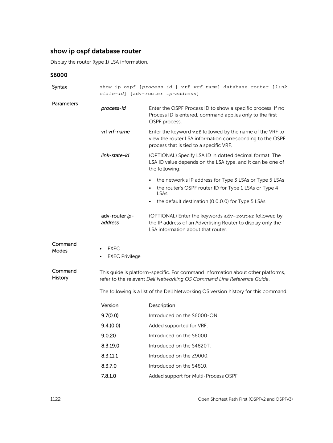 Dell 9.7(0.0) manual Show ip ospf database router, Show ip ospf process-id vrf vrf-name database router link 