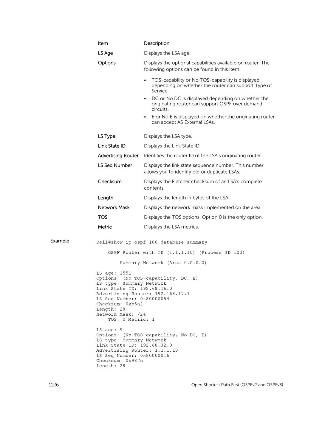 Dell 9.7(0.0) manual Dell#show ip ospf 100 database summary, Summary Network Area, LS type Summary Network, Checksum 0xb5a2 