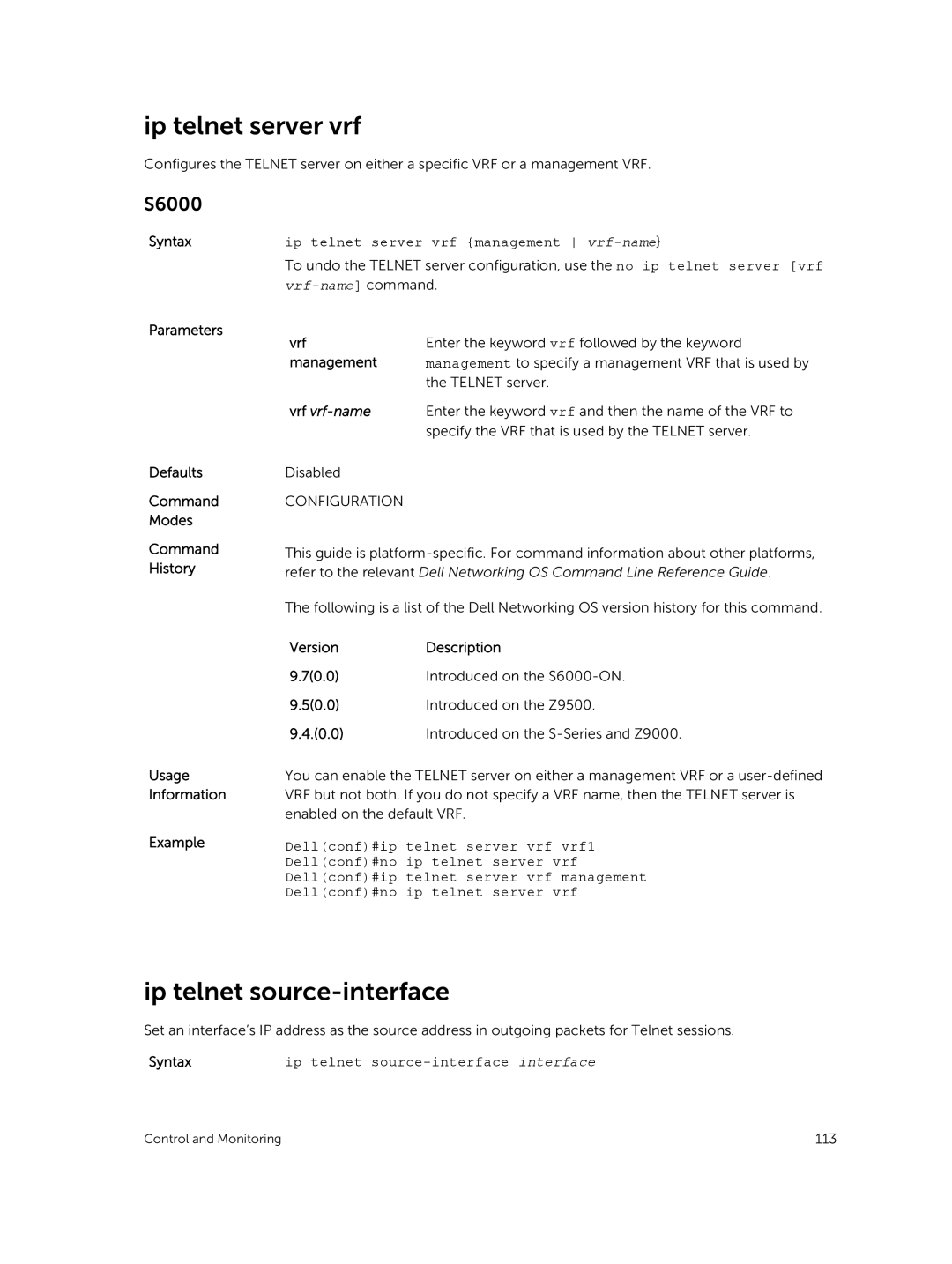 Dell 9.7(0.0) manual Ip telnet server vrf, Ip telnet source-interface, Vrf, Management 