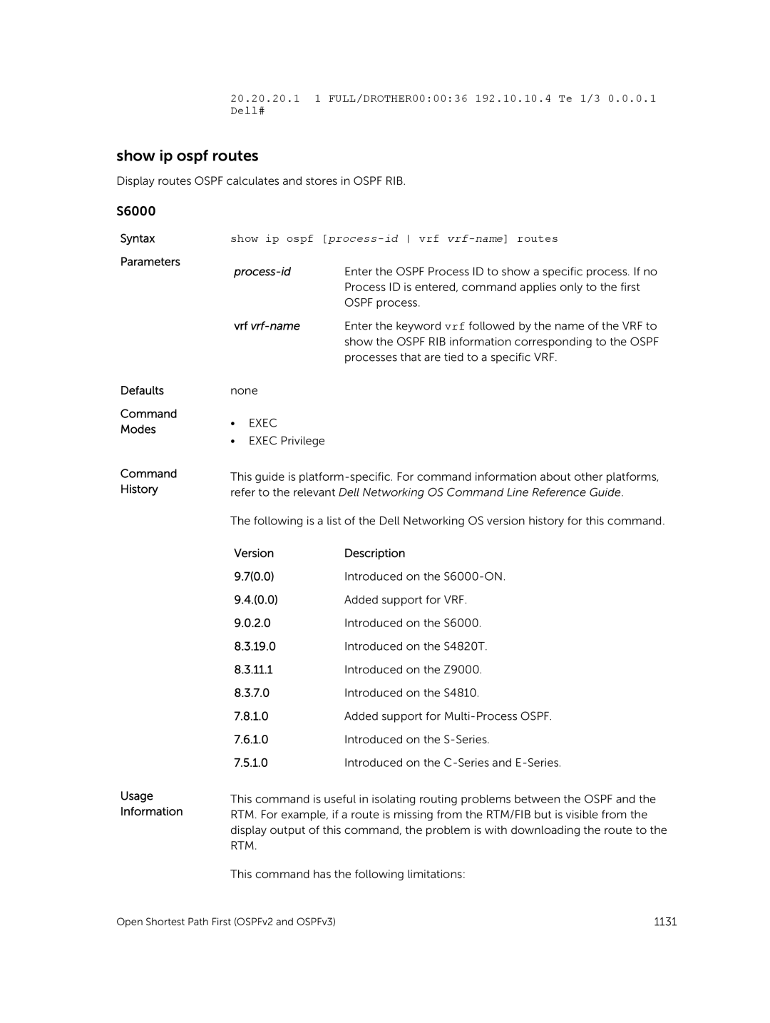 Dell 9.7(0.0) manual Show ip ospf routes, 20.20.20.1 1 FULL/DROTHER000036 192.10.10.4 Te 1/3 Dell# 