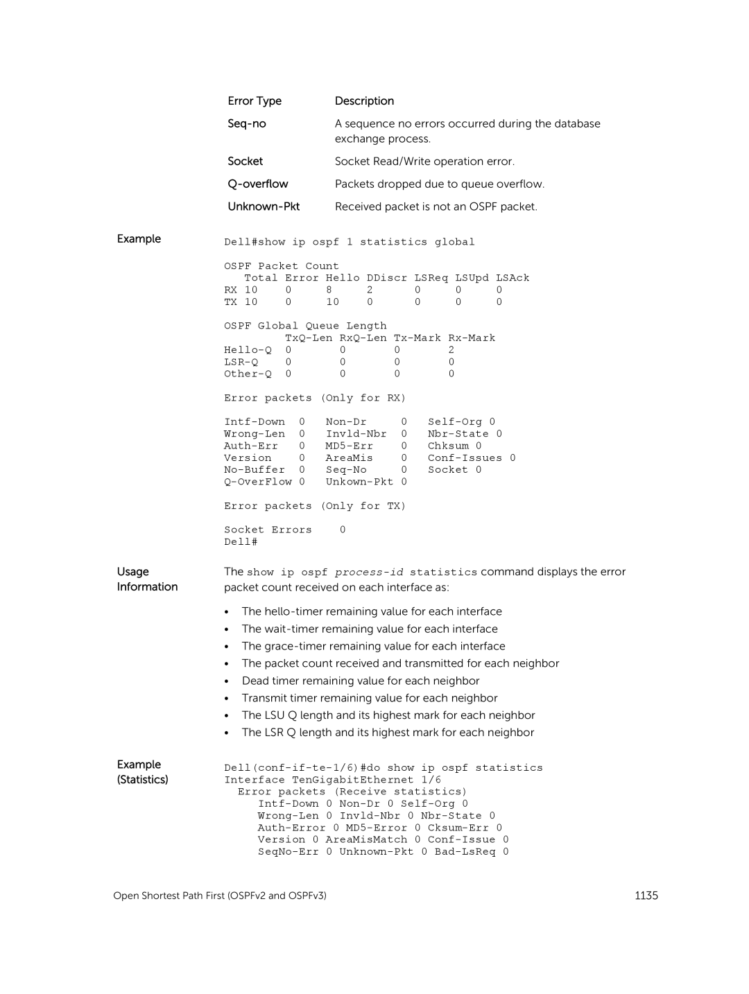 Dell 9.7(0.0) manual Example Usage Information, Error Type Description Seq-no, Socket, Overflow, Unknown-Pkt 