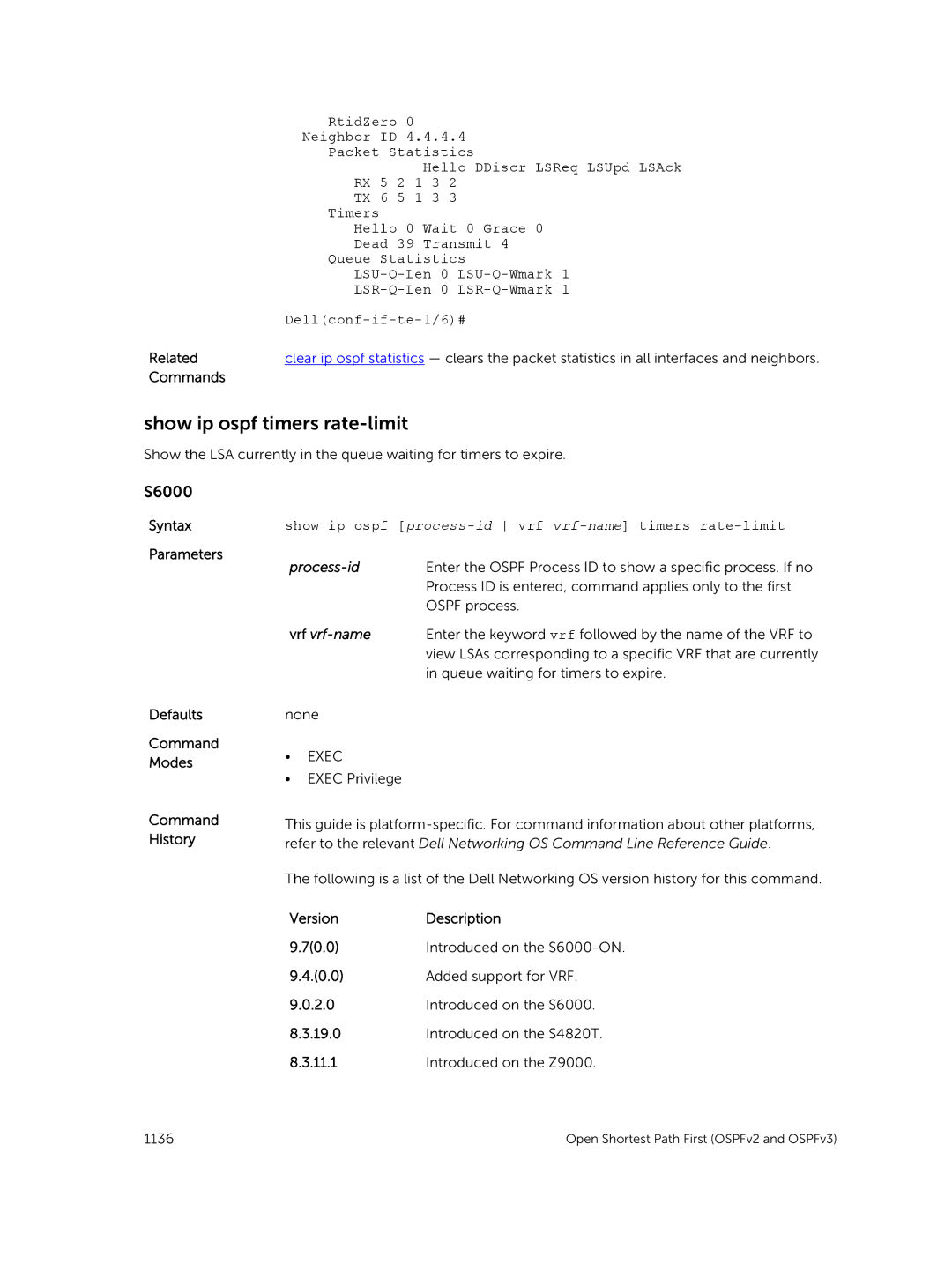 Dell 9.7(0.0) manual Show ip ospf timers rate-limit, Show ip ospf process-id vrf vrf-name timers rate-limit 