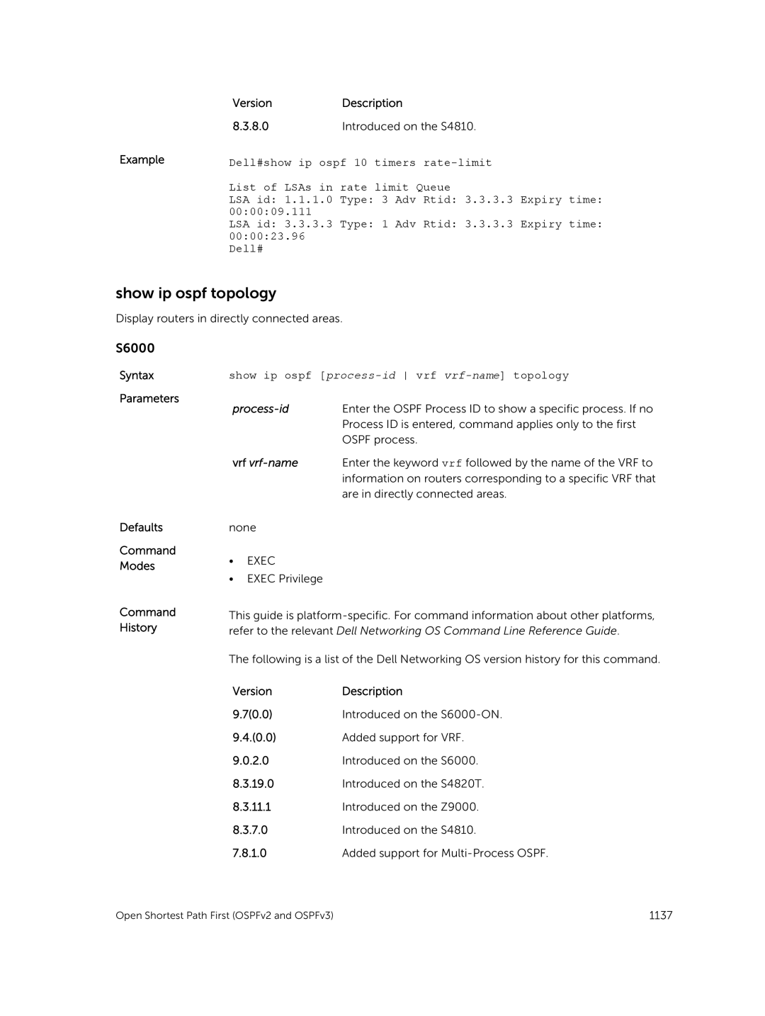 Dell 9.7(0.0) manual Show ip ospf topology, Version Description 8.0 Introduced on the S4810 Example 