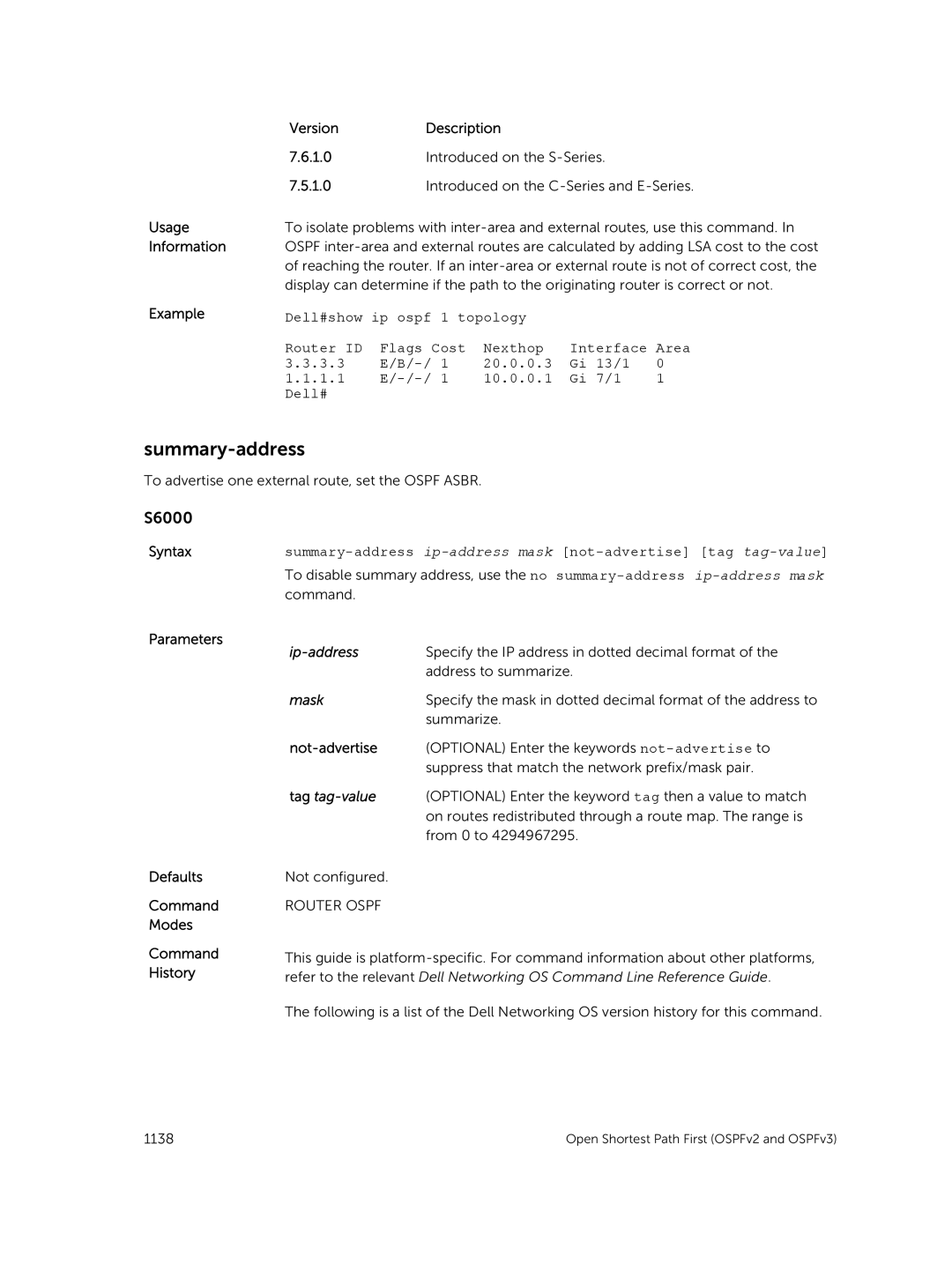 Dell 9.7(0.0) manual Summary-address, Usage Information Example VersionDescription 