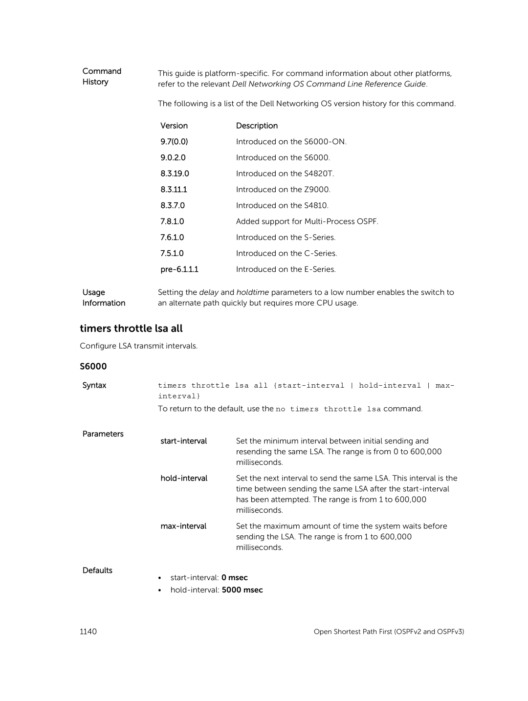 Dell 9.7(0.0) manual Timers throttle lsa all, Start-interval, Hold-interval, Max-interval 