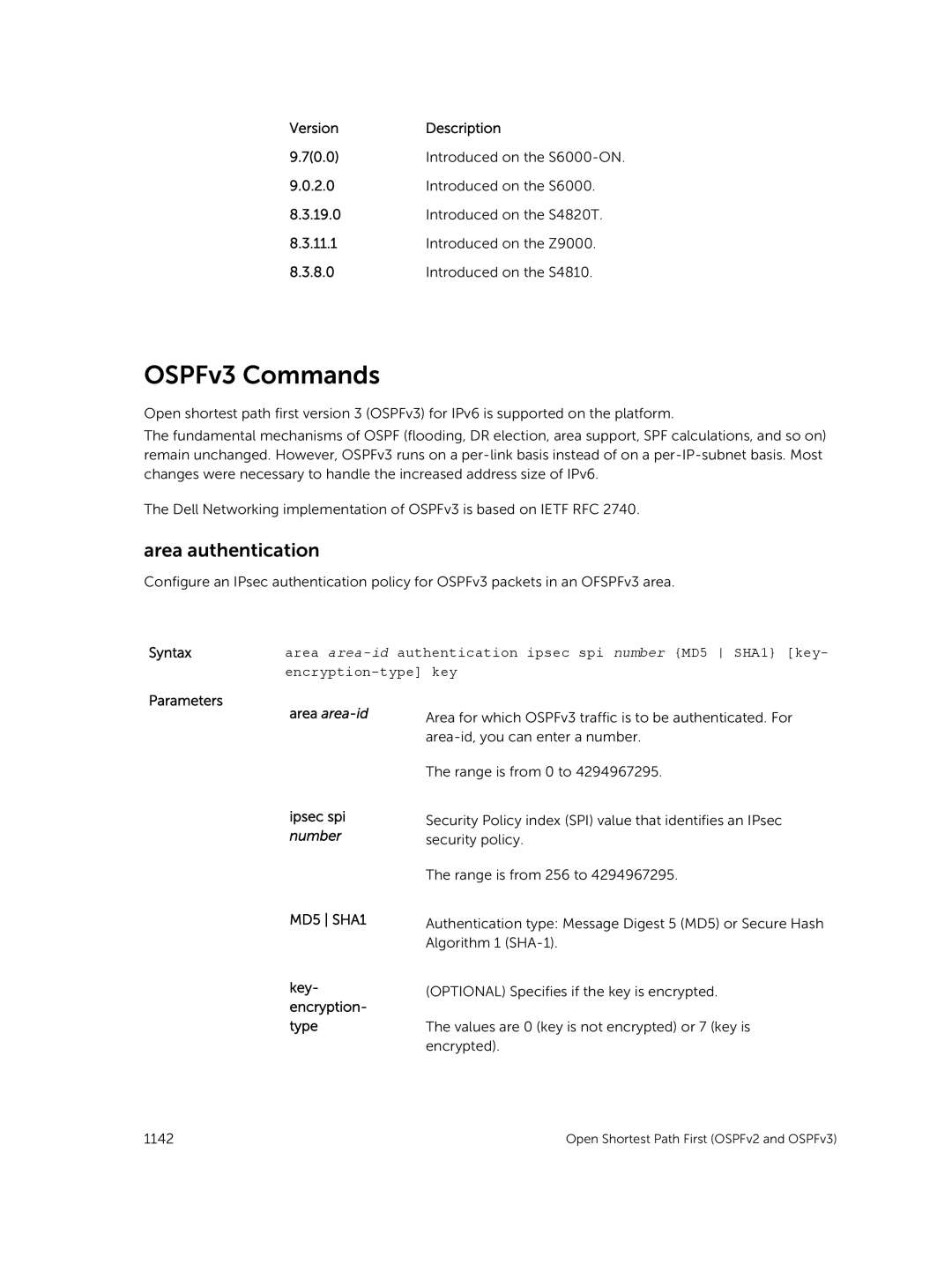 Dell 9.7(0.0) manual OSPFv3 Commands, Area authentication, Area area-id, Ipsec spi number, Key- encryption- type 