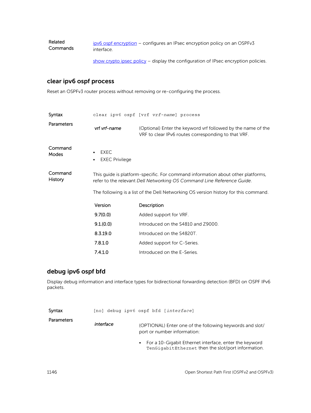 Dell 9.7(0.0) manual Clear ipv6 ospf process, Debug ipv6 ospf bfd, Clear ipv6 Ospf vrf vrf-name process 