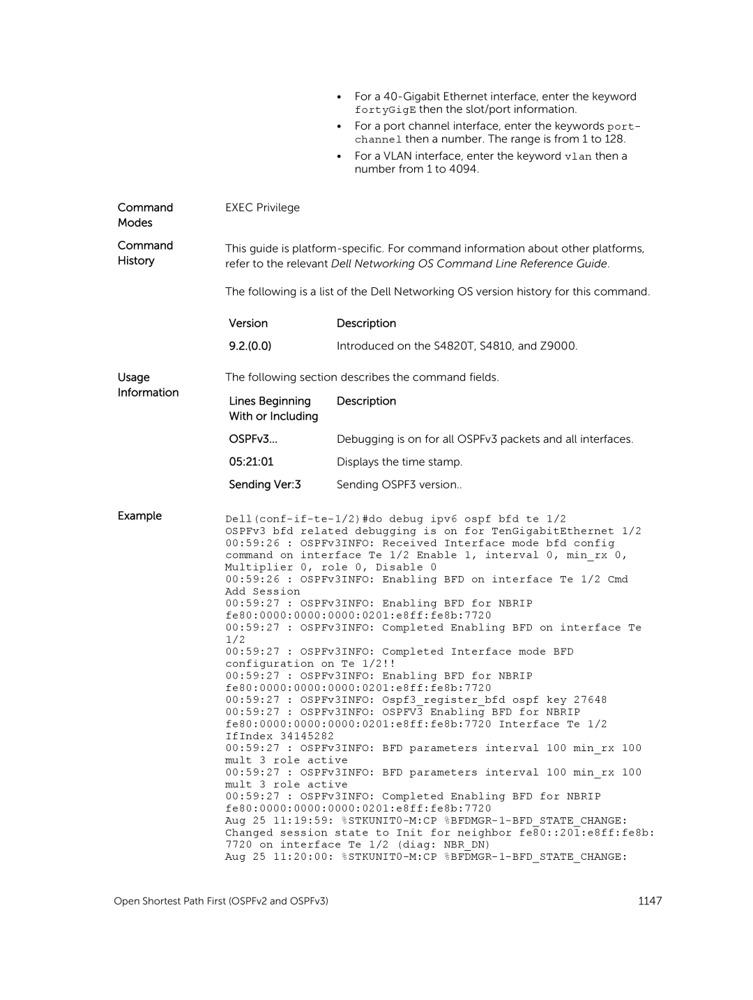 Dell 9.7(0.0) manual Dellconf-if-te-1/2#do debug ipv6 ospf bfd te 1/2, OSPFv3INFO Received Interface mode bfd config 