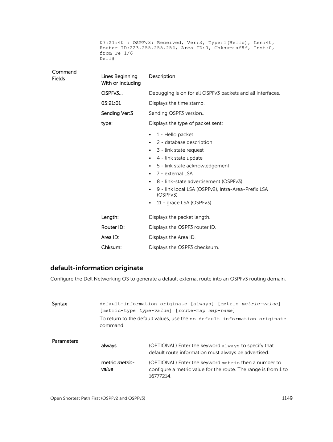 Dell 9.7(0.0) manual Lines Beginning Description With or Including OSPFv3, Router ID, Area ID, Chksum 