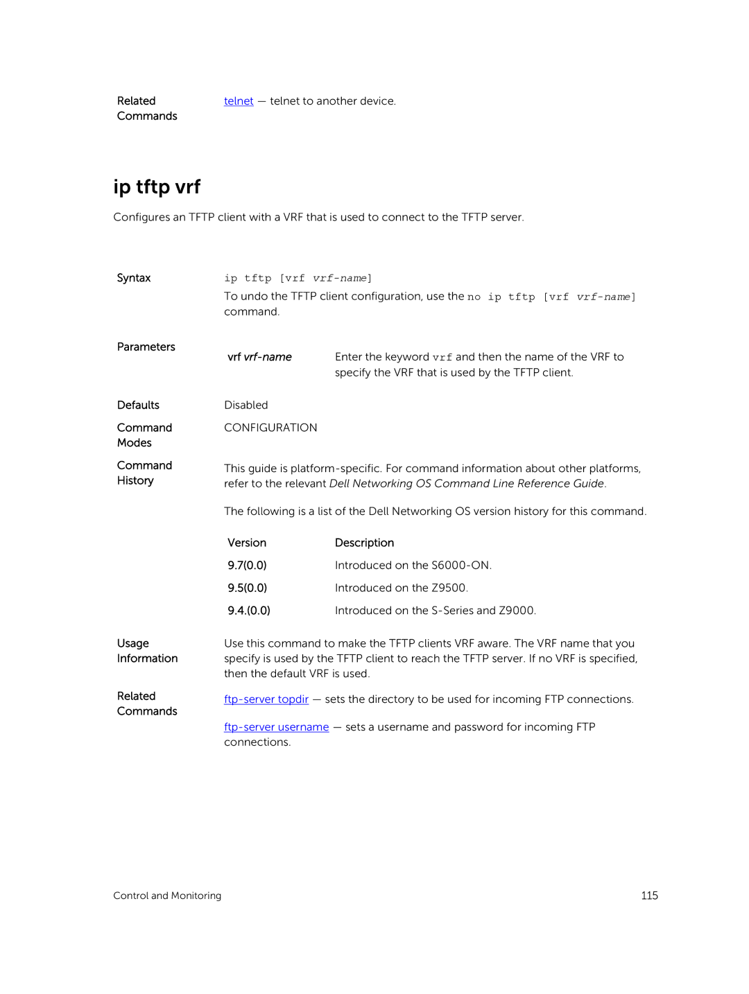 Dell 9.7(0.0) manual Ip tftp vrf, Related Telnet telnet to another device Commands 