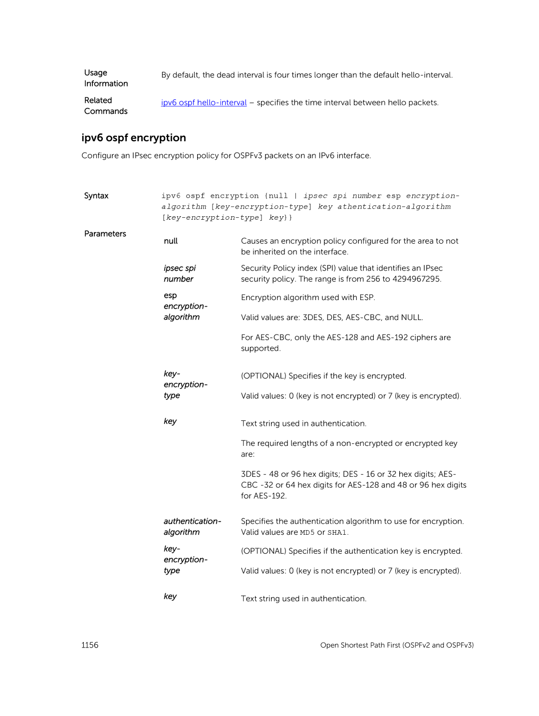 Dell 9.7(0.0) manual Ipv6 ospf encryption, Key- encryption- type Authentication- algorithm 