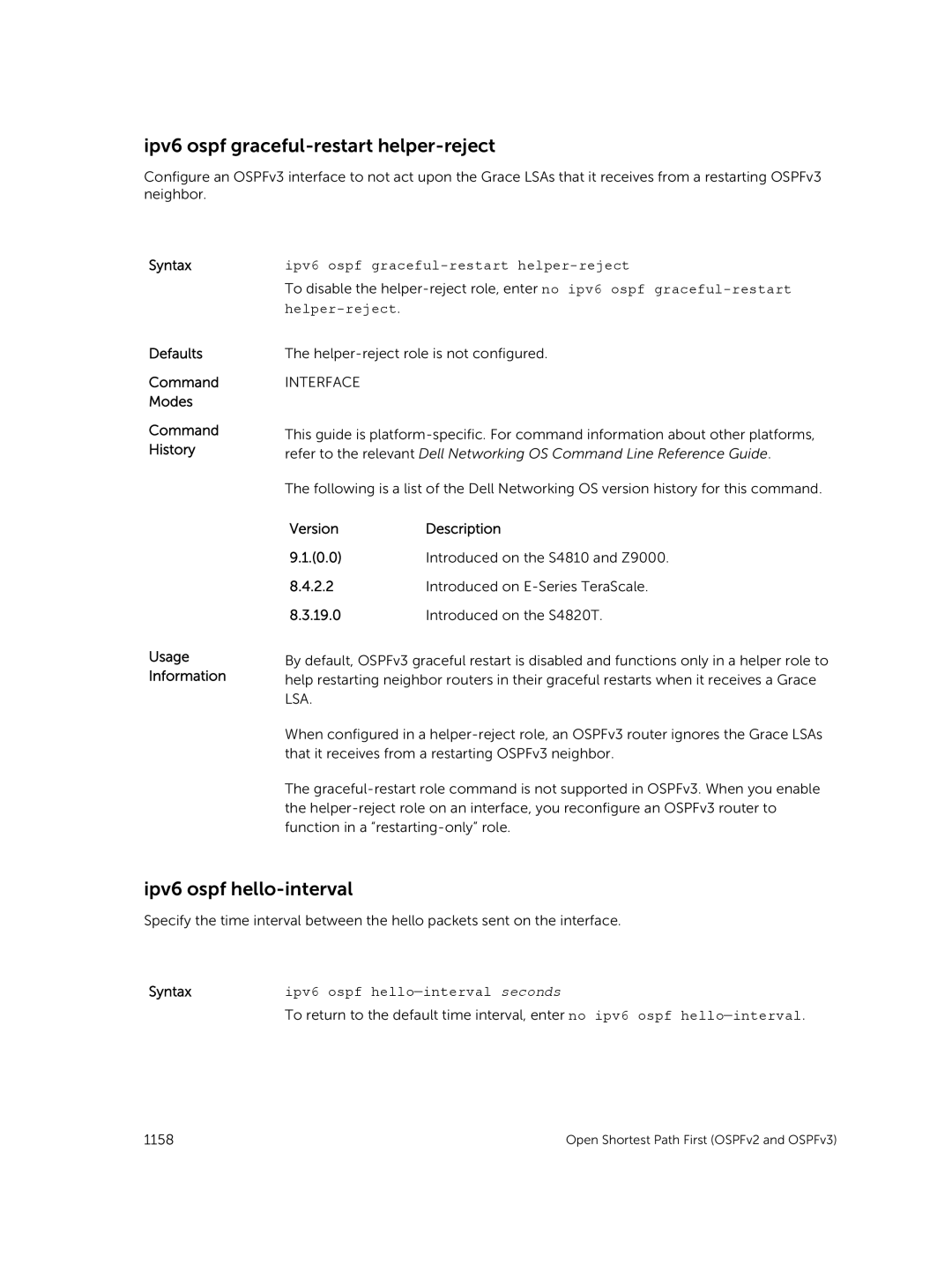 Dell 9.7(0.0) manual Ipv6 ospf graceful-restart helper-reject, Ipv6 ospf hello-interval, Helper-reject 