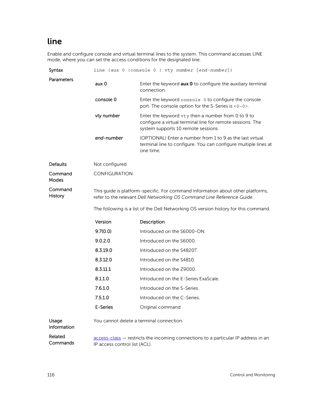 Dell 9.7(0.0) manual Line aux 0 console 0 vty number end-number, End-number, Commands IP access control list ACL 