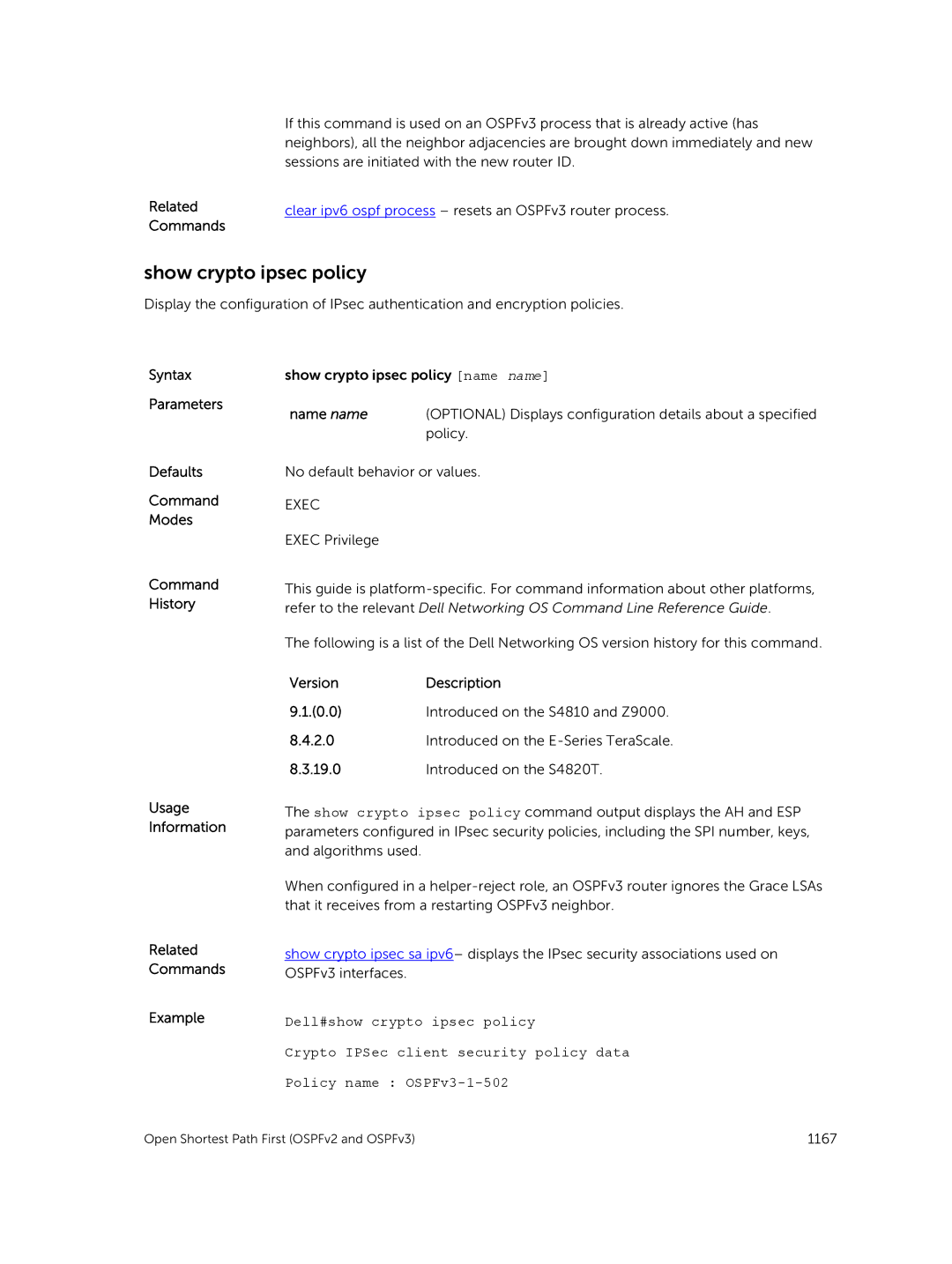 Dell 9.7(0.0) manual Show crypto ipsec policy, Name name, Policy 