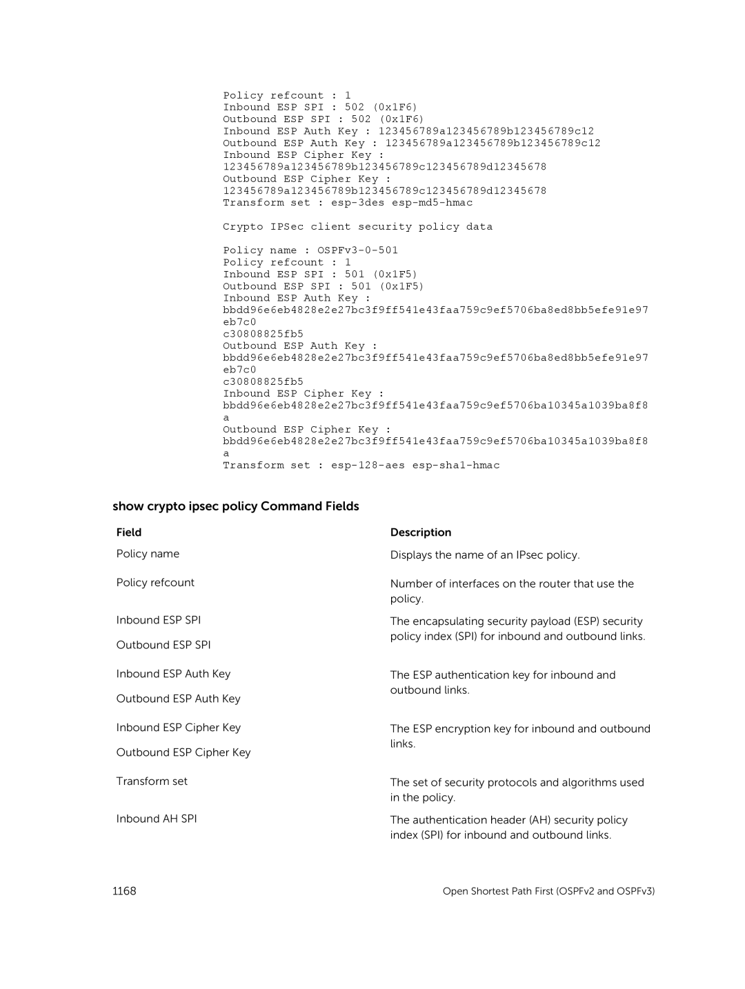 Dell 9.7(0.0) manual Show crypto ipsec policy Command Fields 