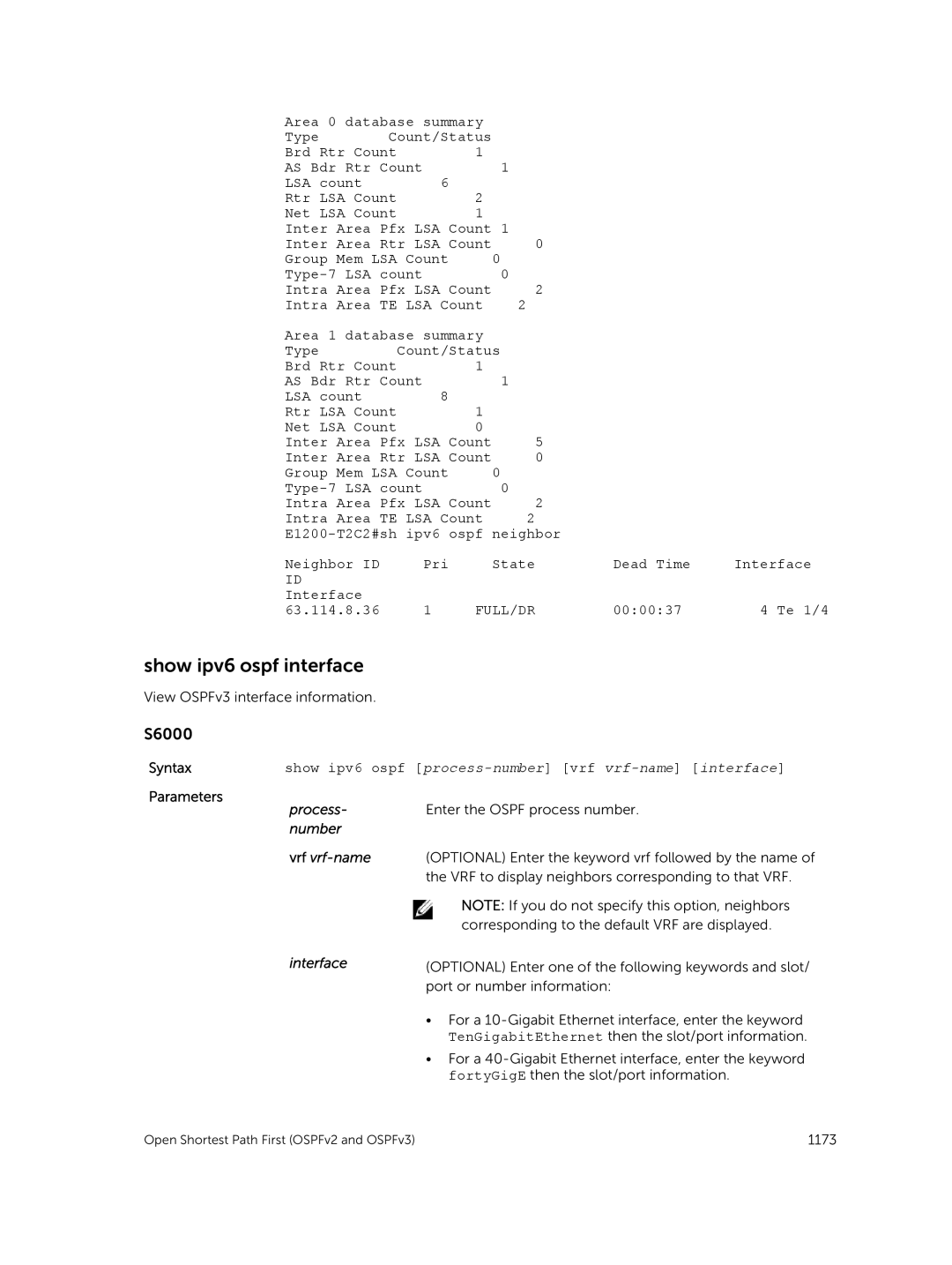 Dell 9.7(0.0) manual Show ipv6 ospf interface, 000037 Te 1/4 63.114.8.36, Number Vrf vrf-name Interface 