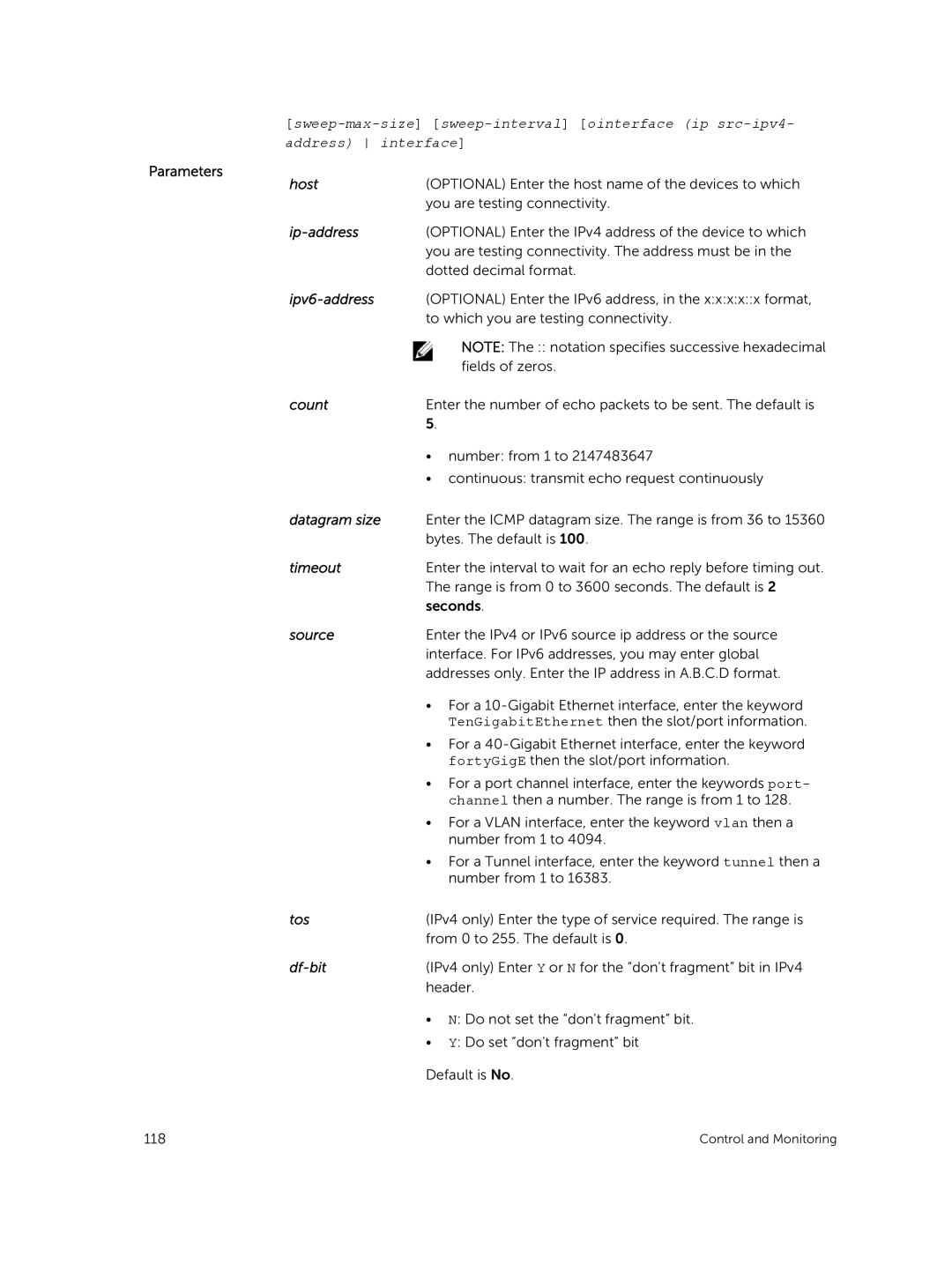 Dell 9.7(0.0) manual Host, Ipv6-address, Count, Datagram size, Timeout, Source, Tos, Df-bit 