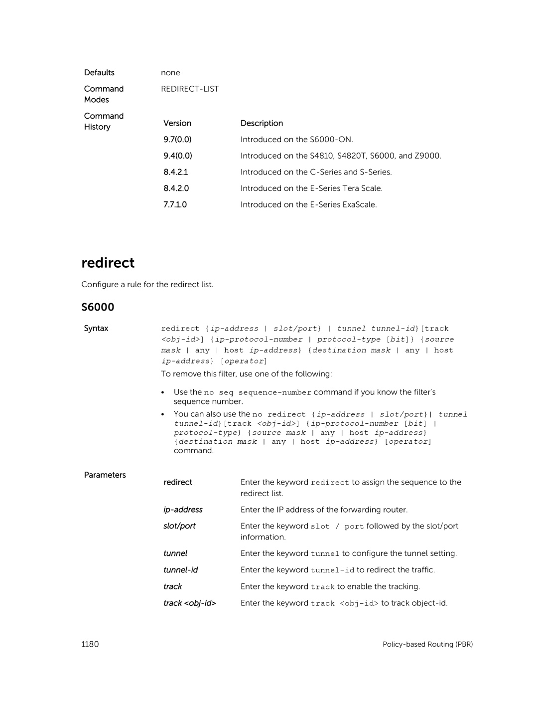 Dell 9.7(0.0) manual Redirect, Tunnel-id, Track obj-id 