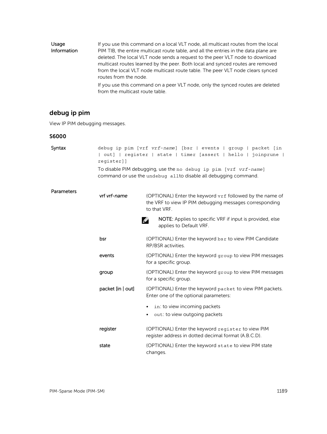 Dell 9.7(0.0) manual Debug ip pim, Bsr, Packet in out, Register 