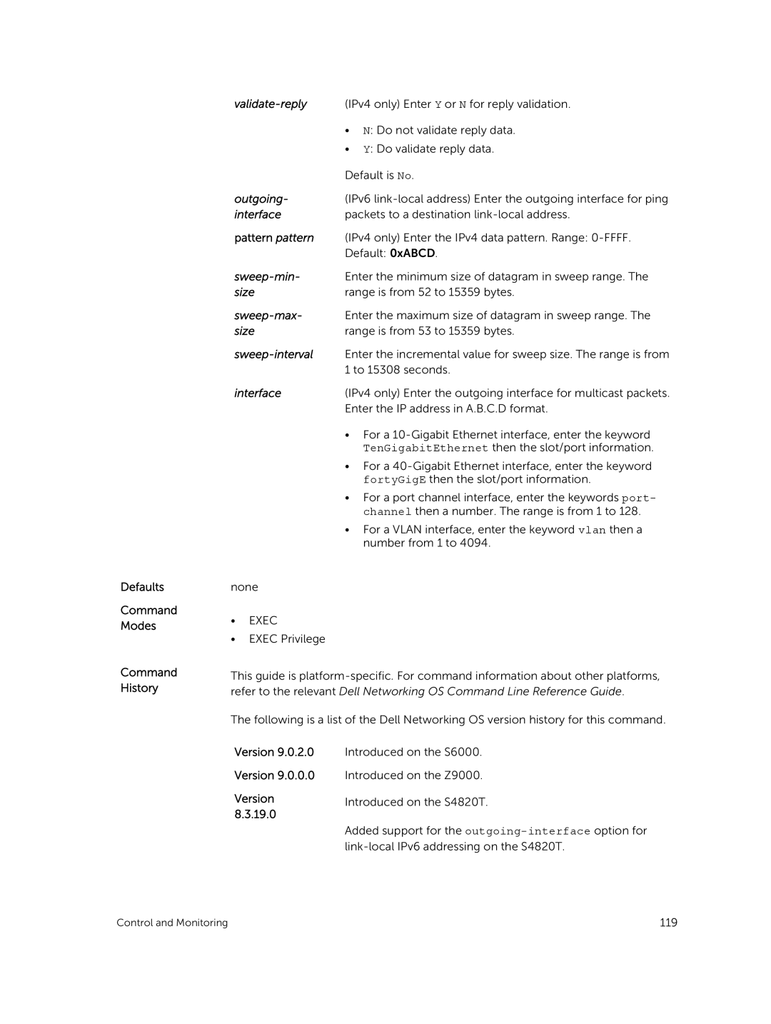 Dell 9.7(0.0) manual Validate-reply, Outgoing, Sweep-min, Size, Sweep-max, Sweep-interval 