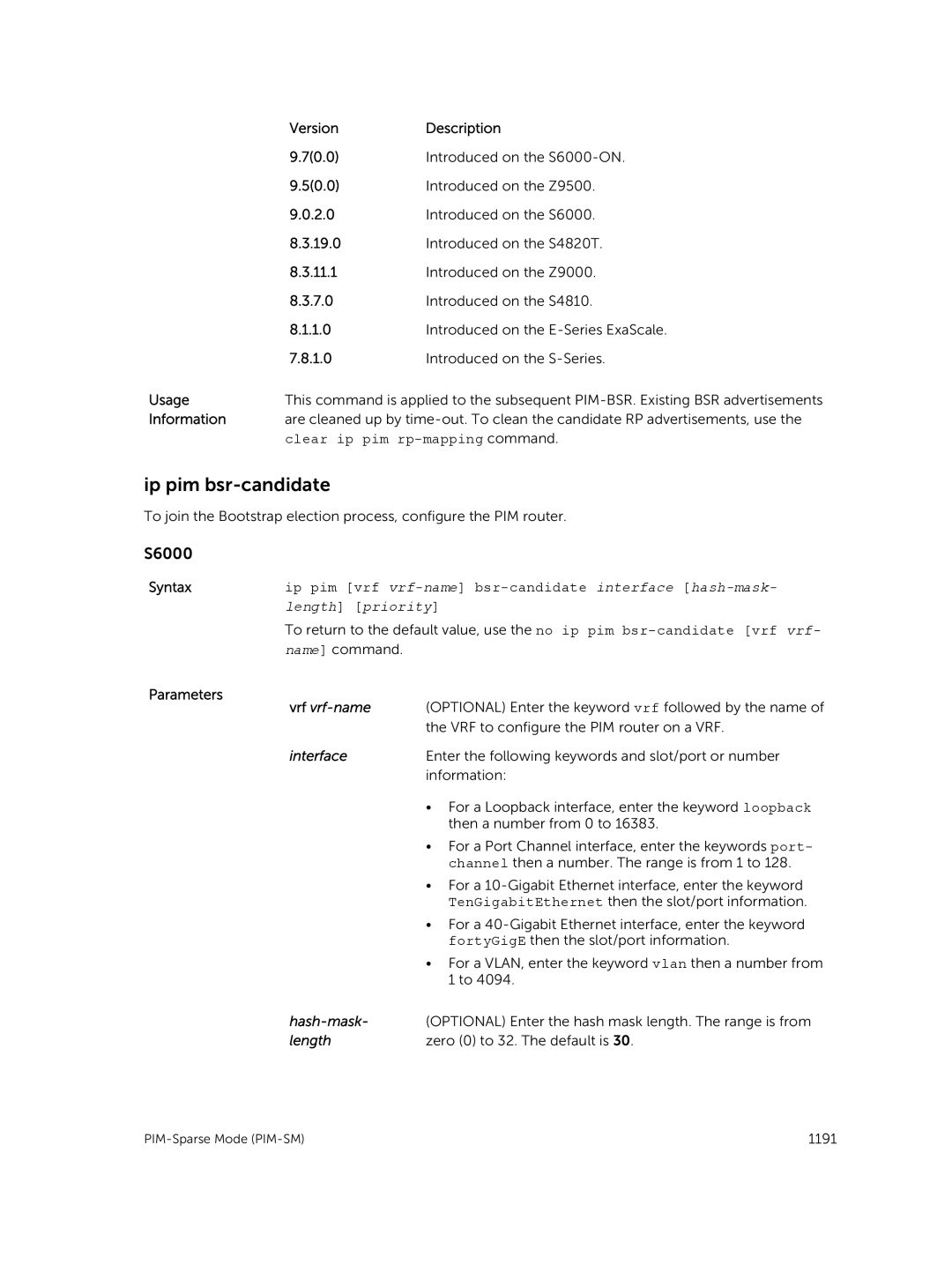 Dell 9.7(0.0) manual Ip pim bsr-candidate, Clear ip pim rp-mapping command, Hash-mask 