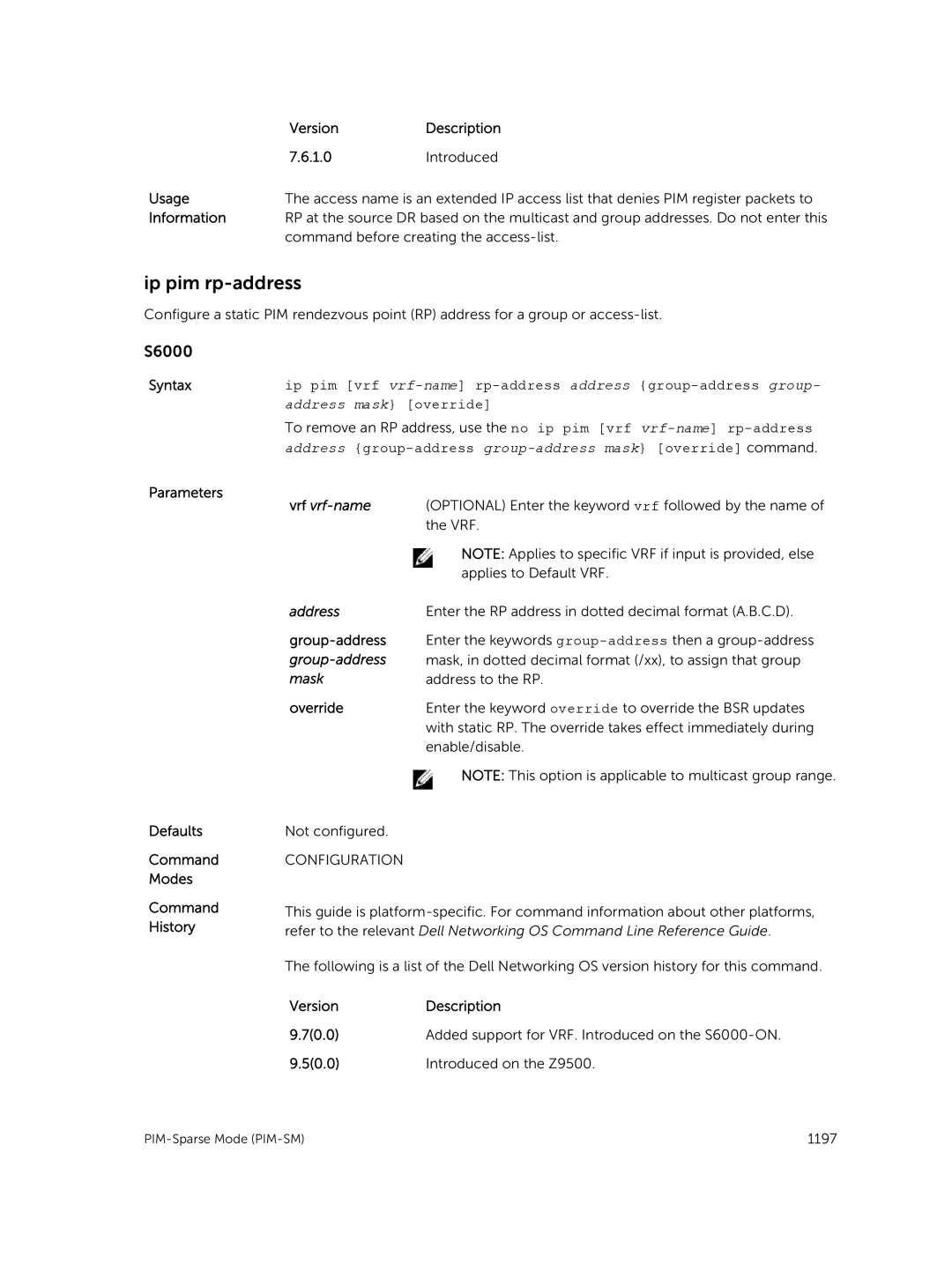 Dell 9.7(0.0) manual Ip pim rp-address, Command before creating the access-list, Group-address, Override 