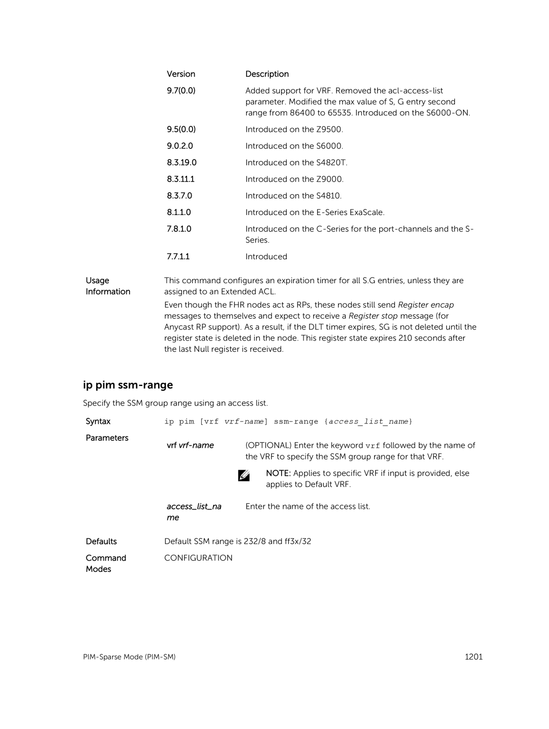 Dell 9.7(0.0) manual Ip pim ssm-range, Ip pim vrf vrf-name ssm-range accesslistname, Accesslistna 