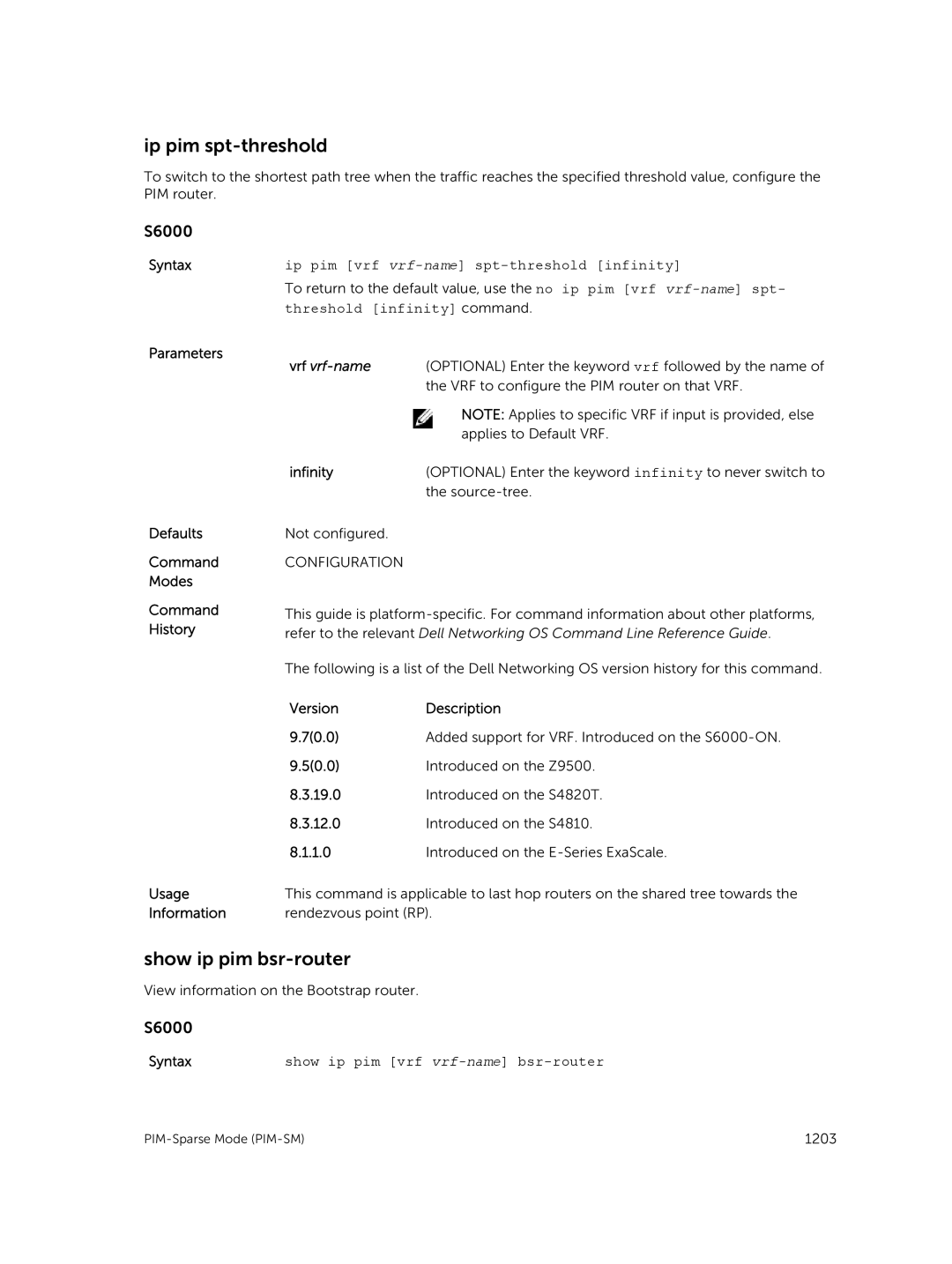 Dell 9.7(0.0) manual Ip pim spt-threshold, Show ip pim bsr-router, Infinity 